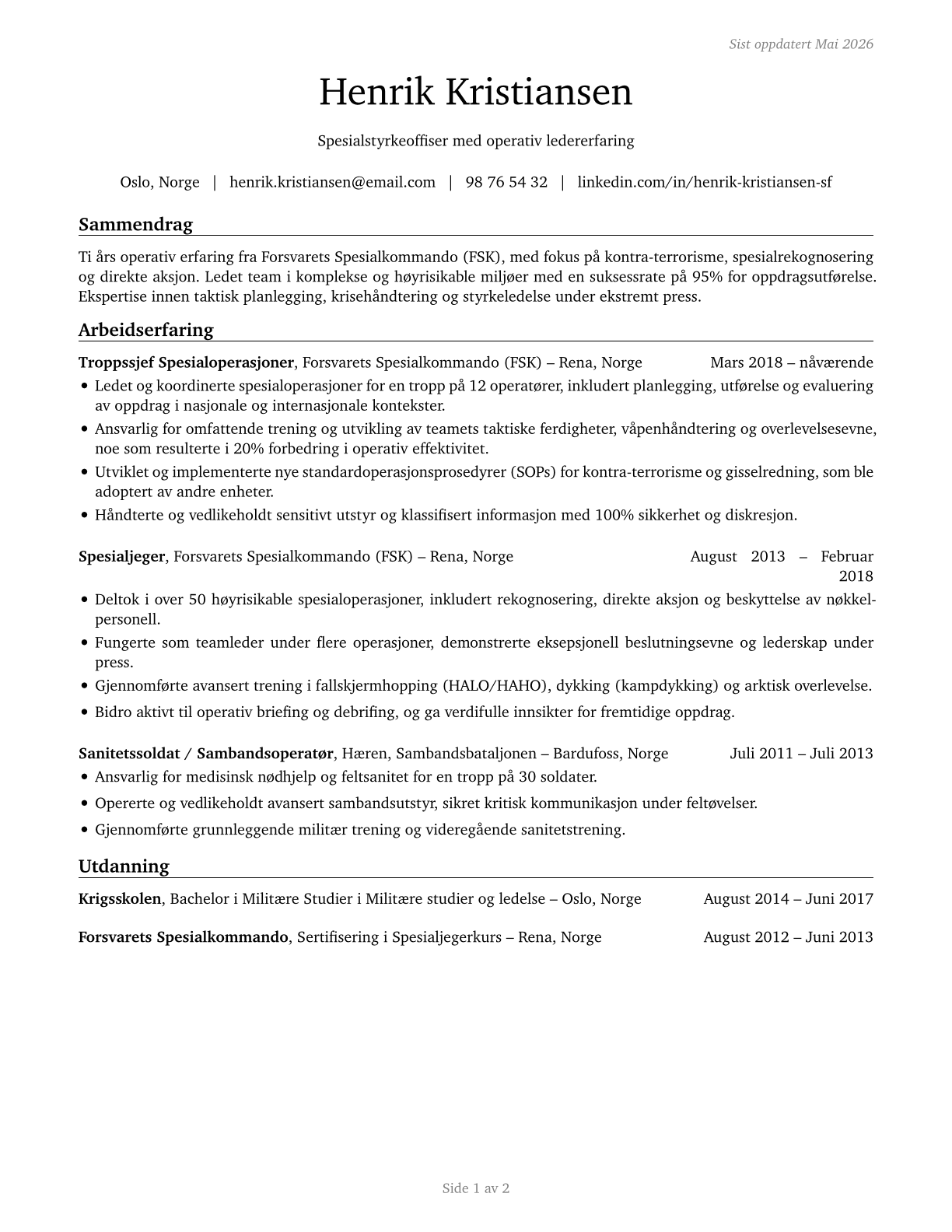 Special Forces Officers CV in Norwegian_bokmal — page 1
