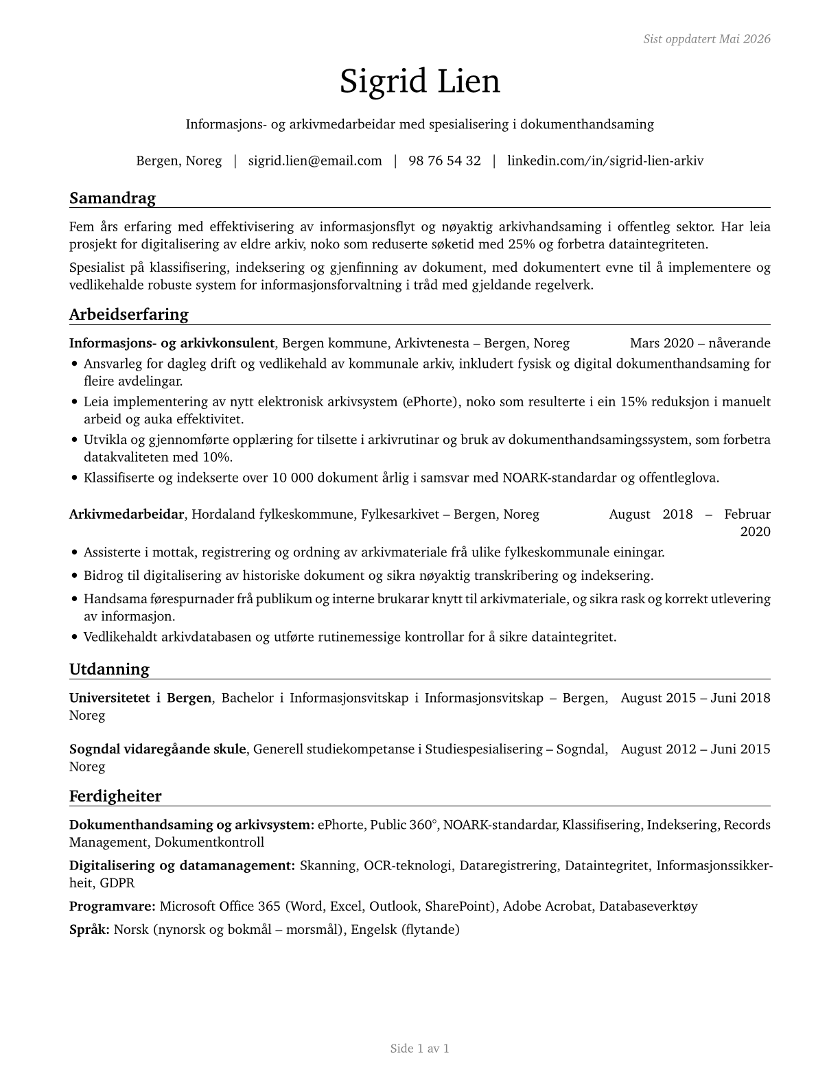 Information and Record Clerks, All Other CV in Norwegian_nynorsk — page 1