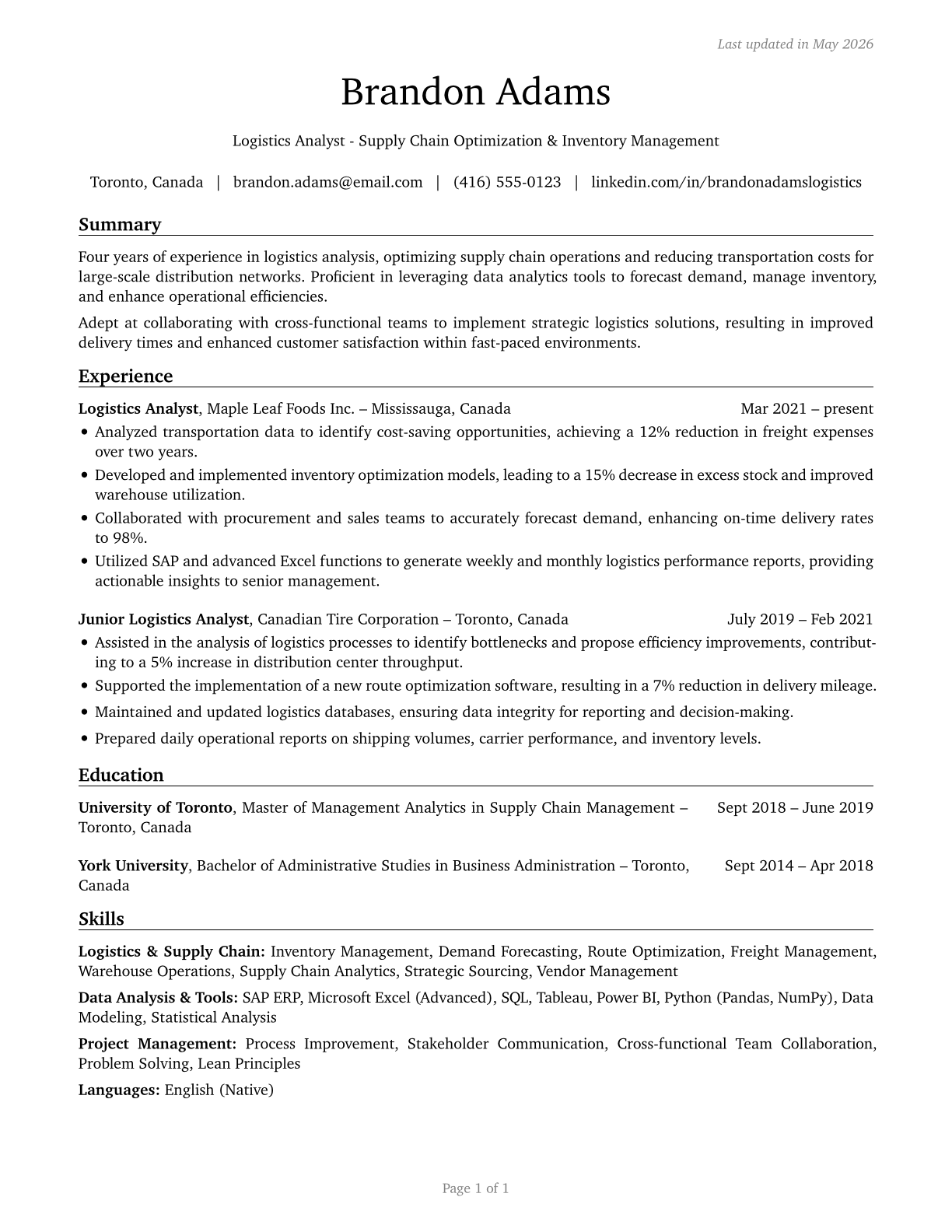 Logistics Analysts CV in English — page 1