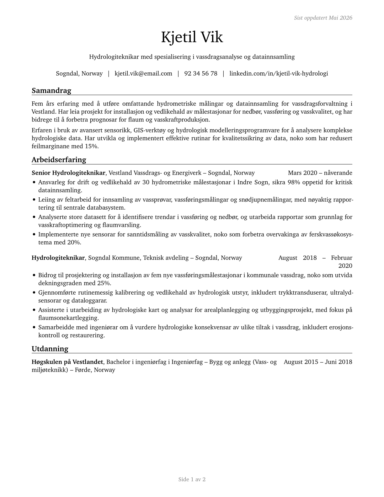 Hydrologic Technicians CV in Norwegian_nynorsk — page 1