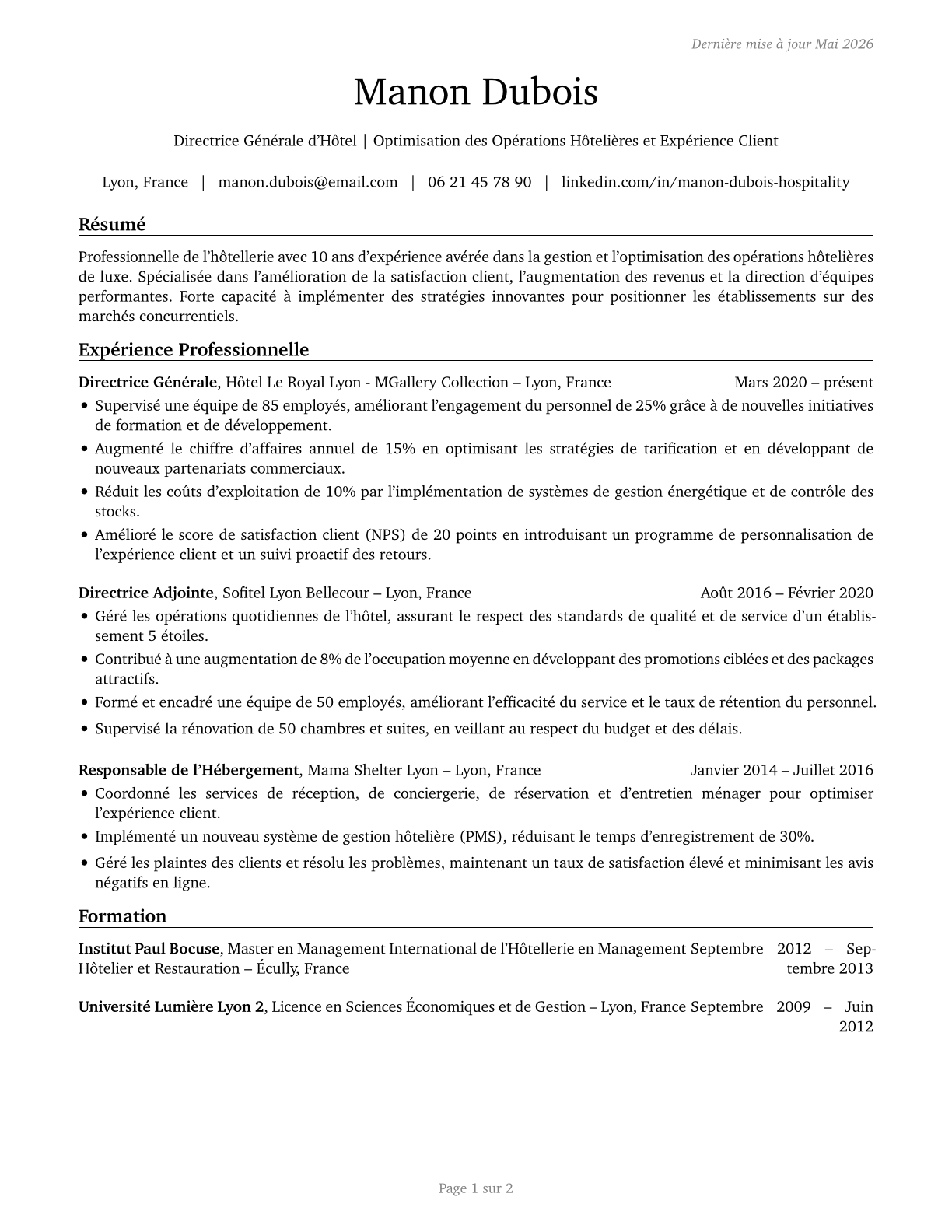 Lodging Managers CV in French — page 1