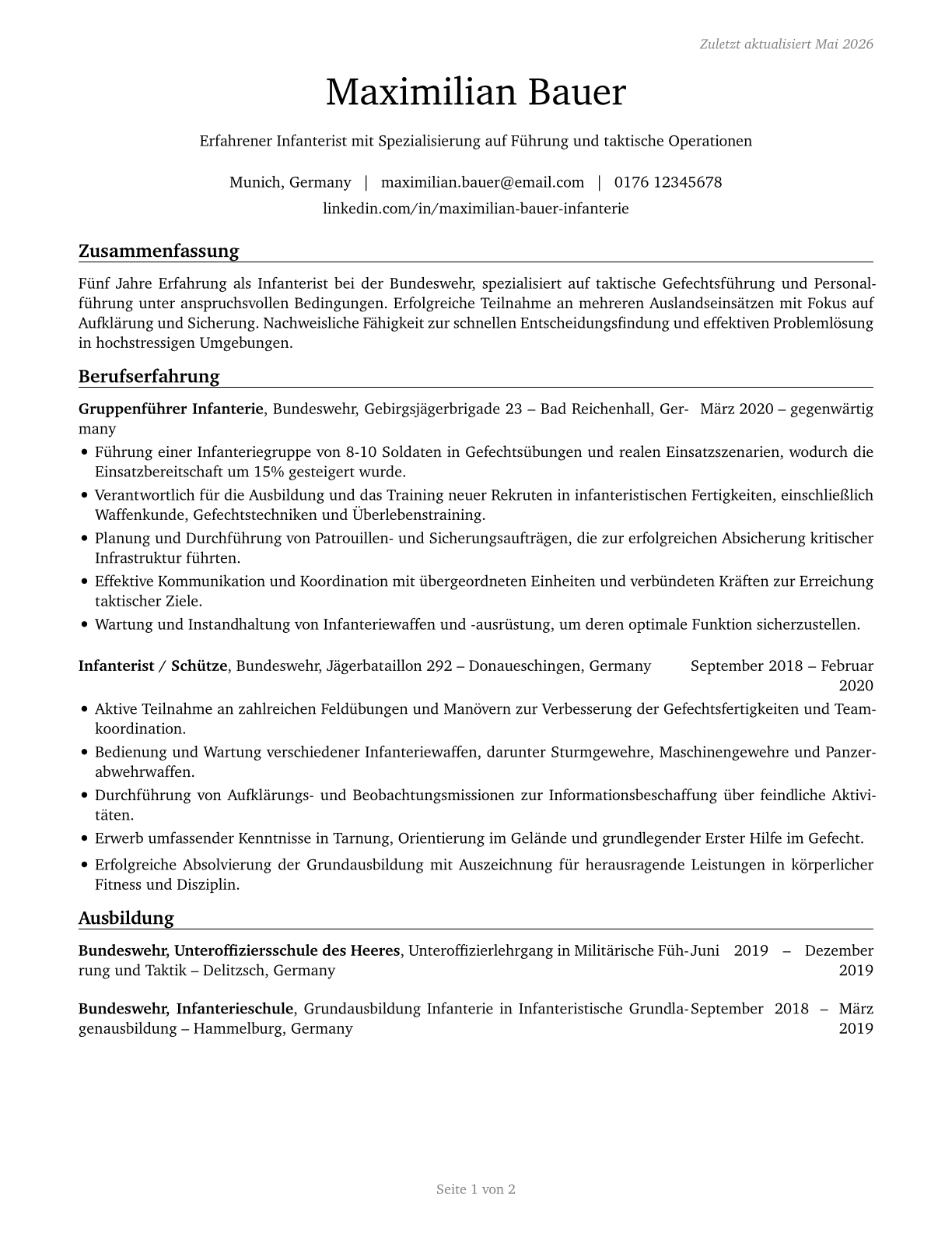 Infantry CV in German — page 1