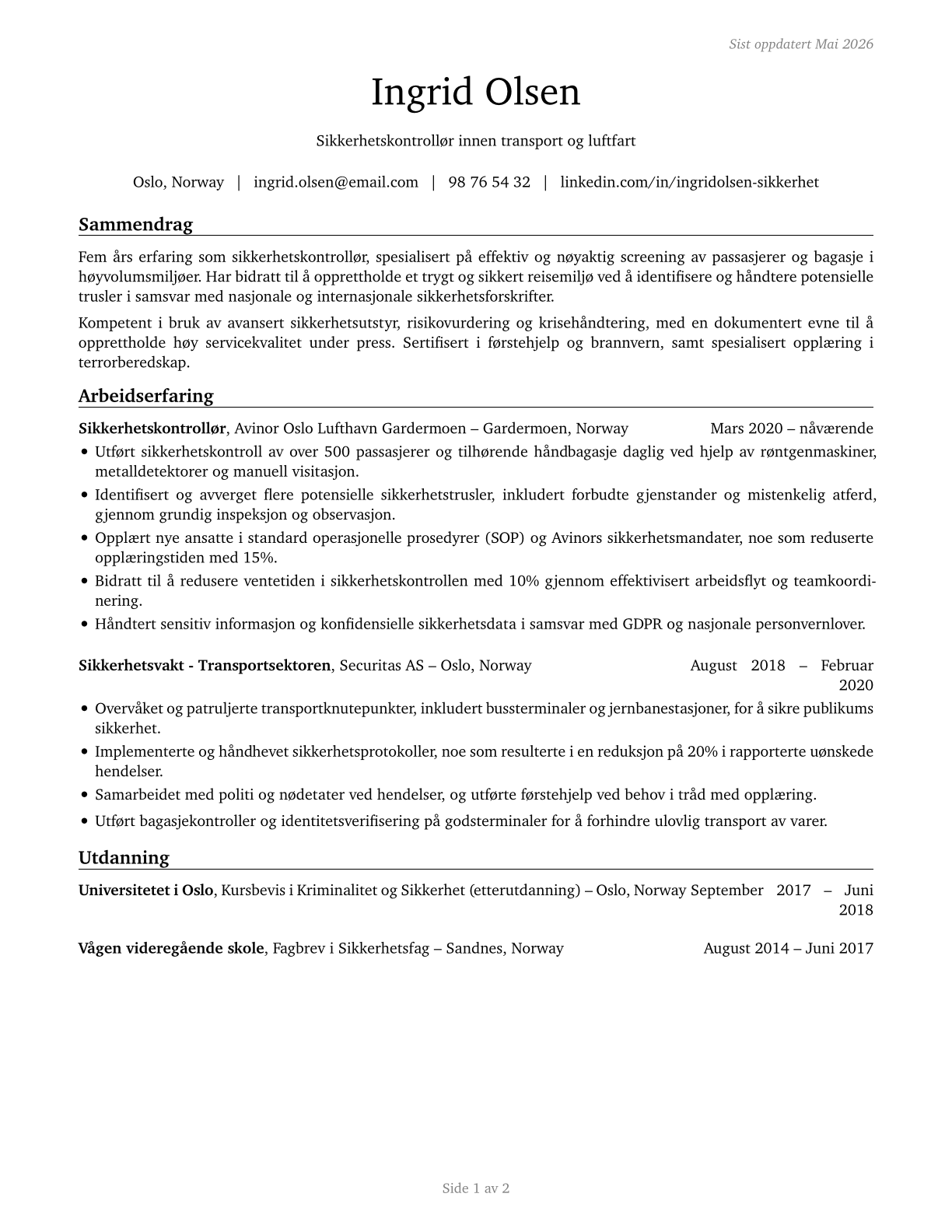 Transportation Security Screeners CV in Norwegian_bokmal — page 1