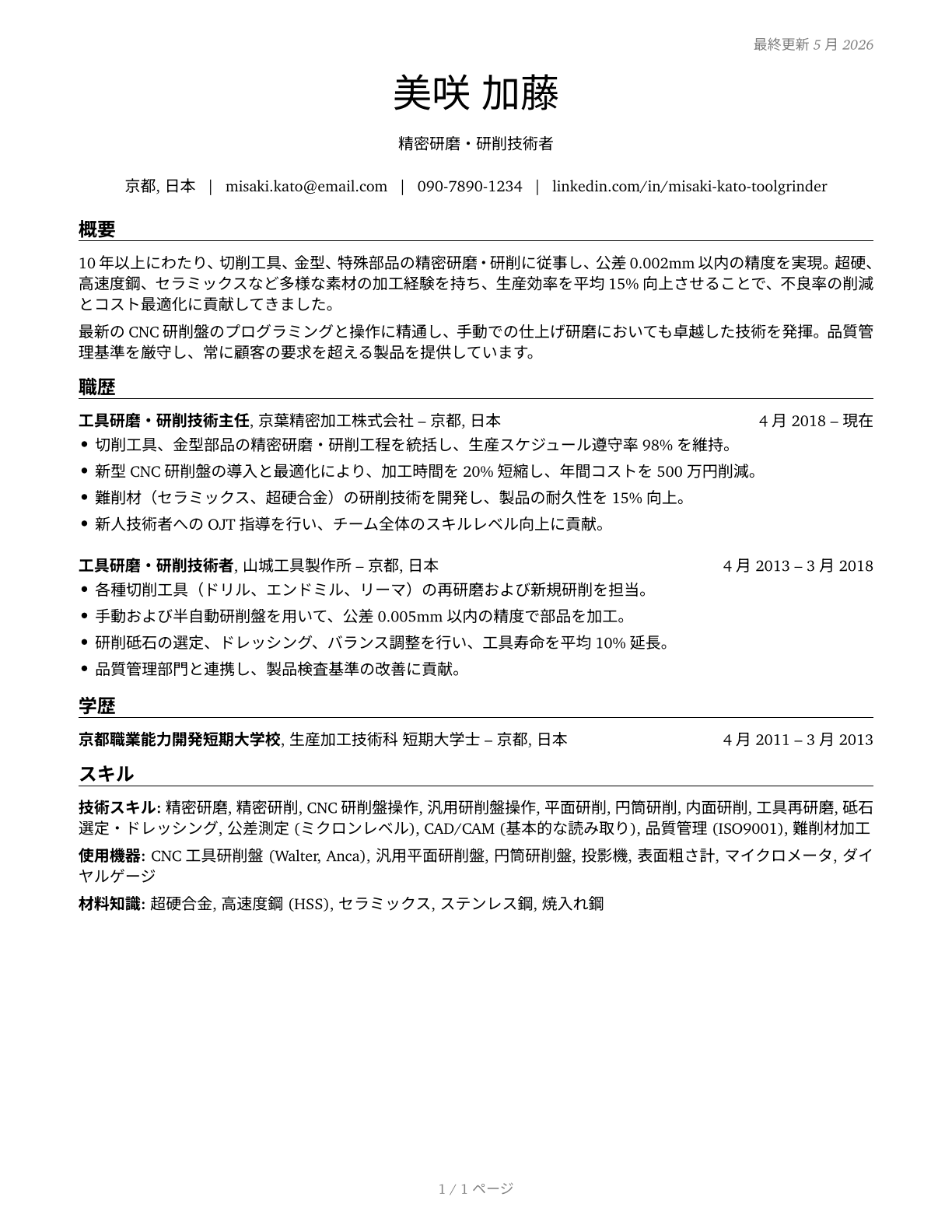 Tool Grinders, Filers, and Sharpeners CV in Japanese — page 1