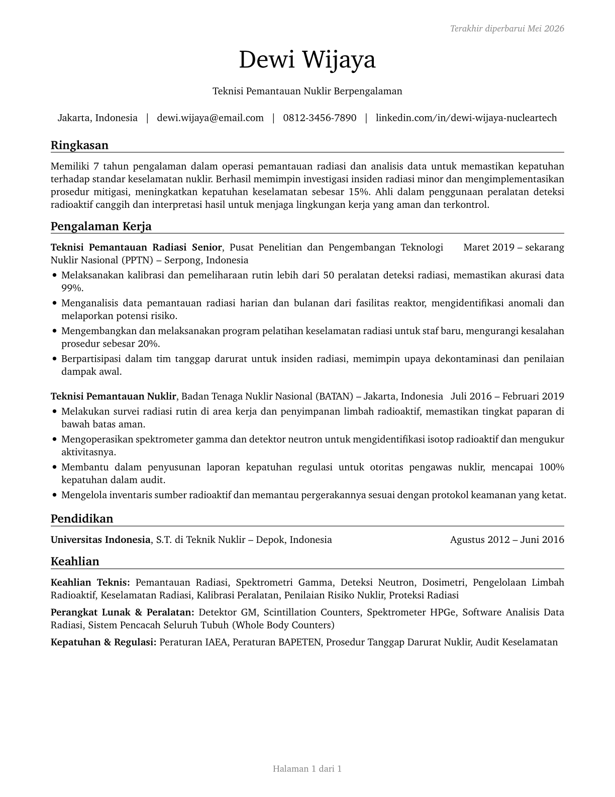 Nuclear Monitoring Technicians CV in Indonesian — page 1
