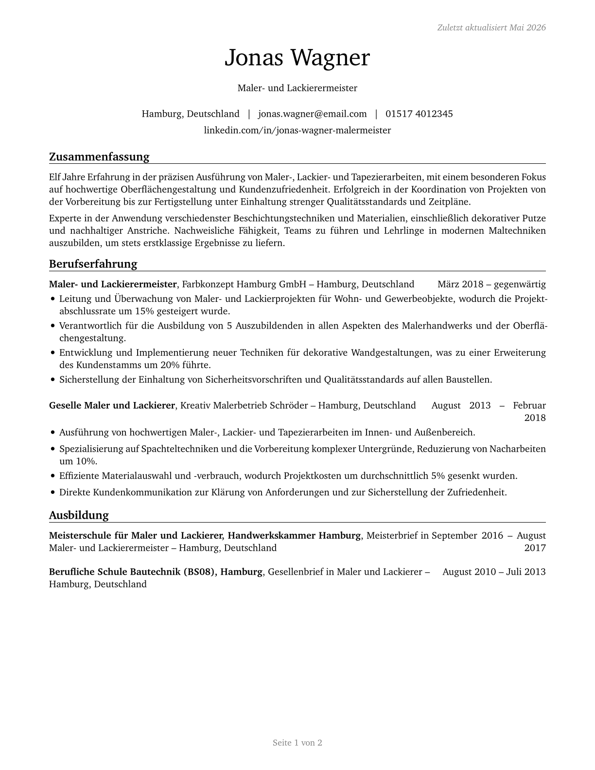 Painting, Coating, and Decorating Workers CV in German — page 1