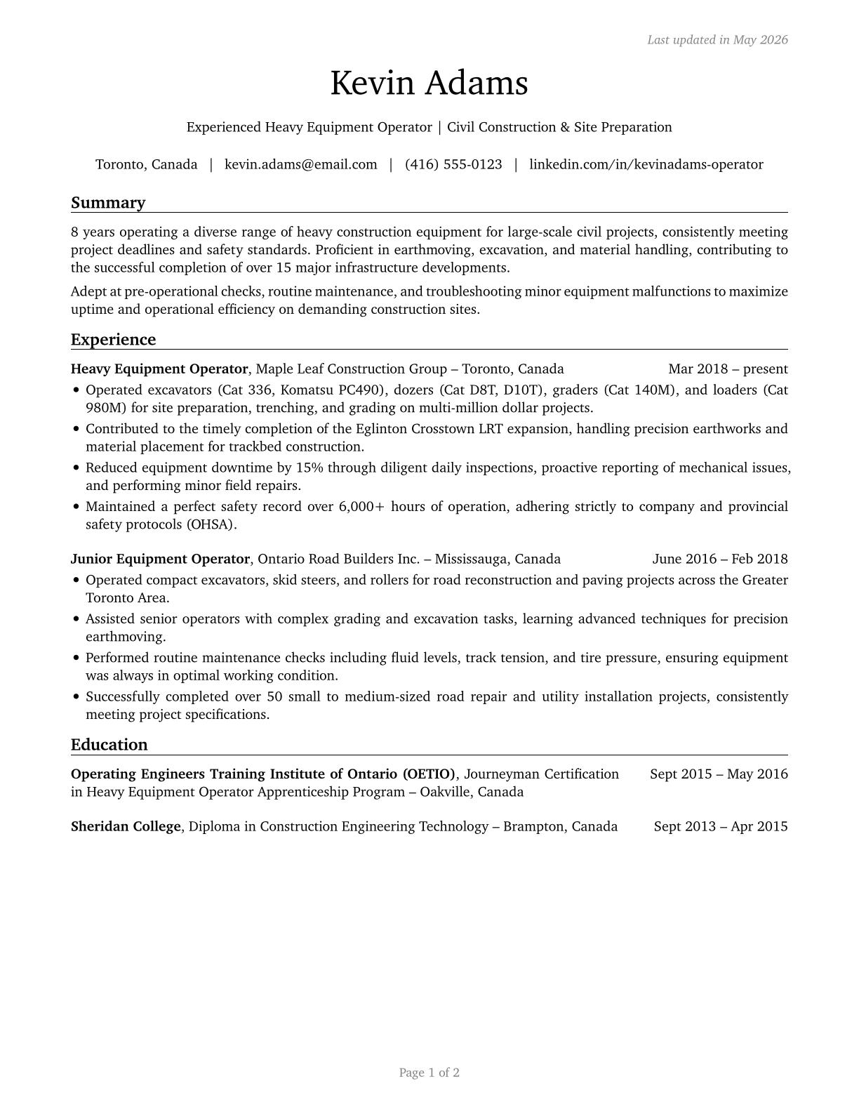 Operating Engineers and Other Construction Equipment Operators CV in English — page 1