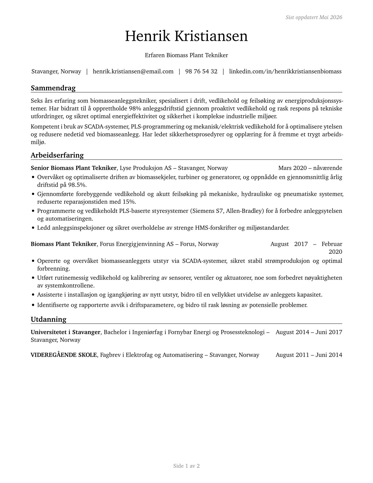 Biomass Plant Technicians CV in Norwegian_bokmal — page 1