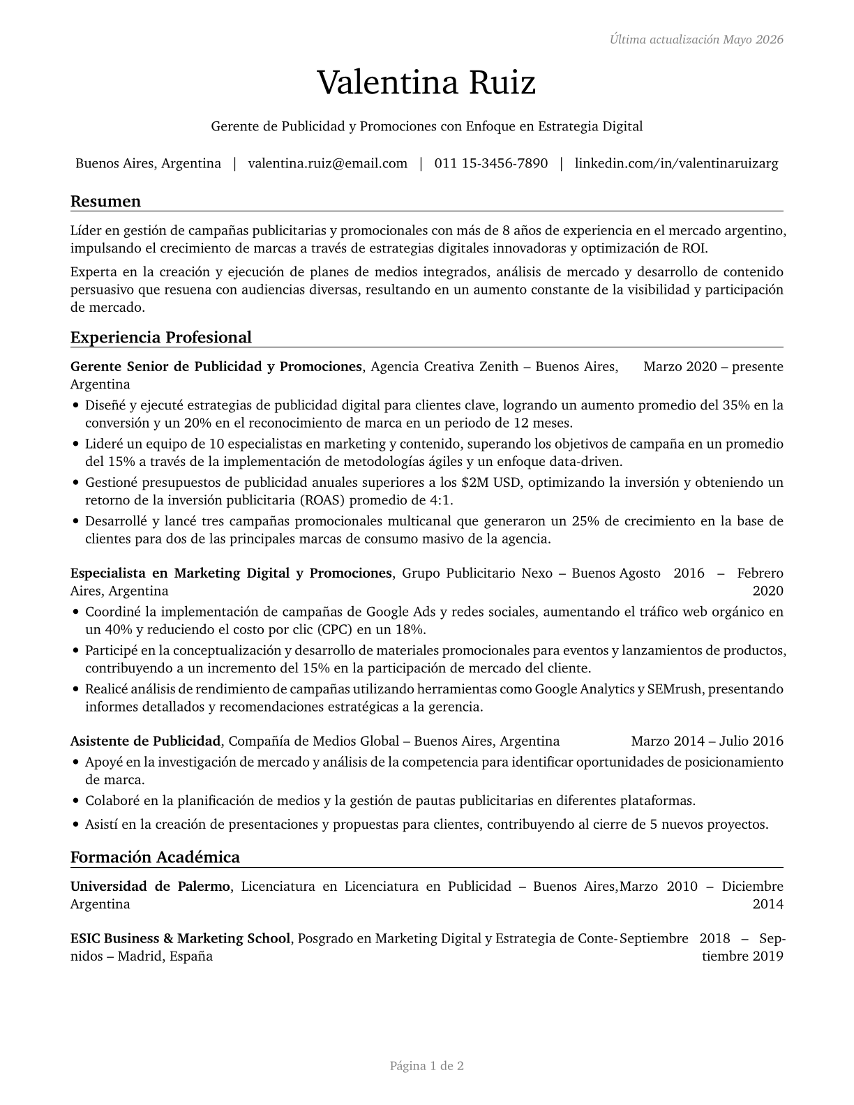 Advertising and Promotions Managers CV in Spanish — page 1