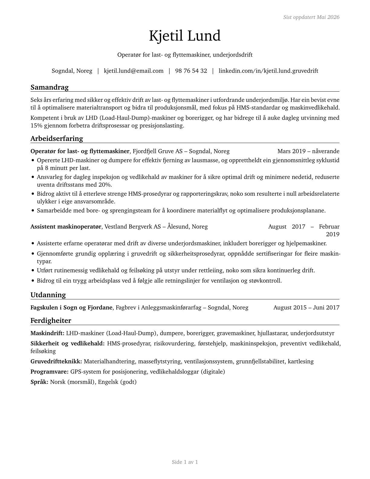Loading and Moving Machine Operators, Underground Mining CV in Norwegian_nynorsk — page 1