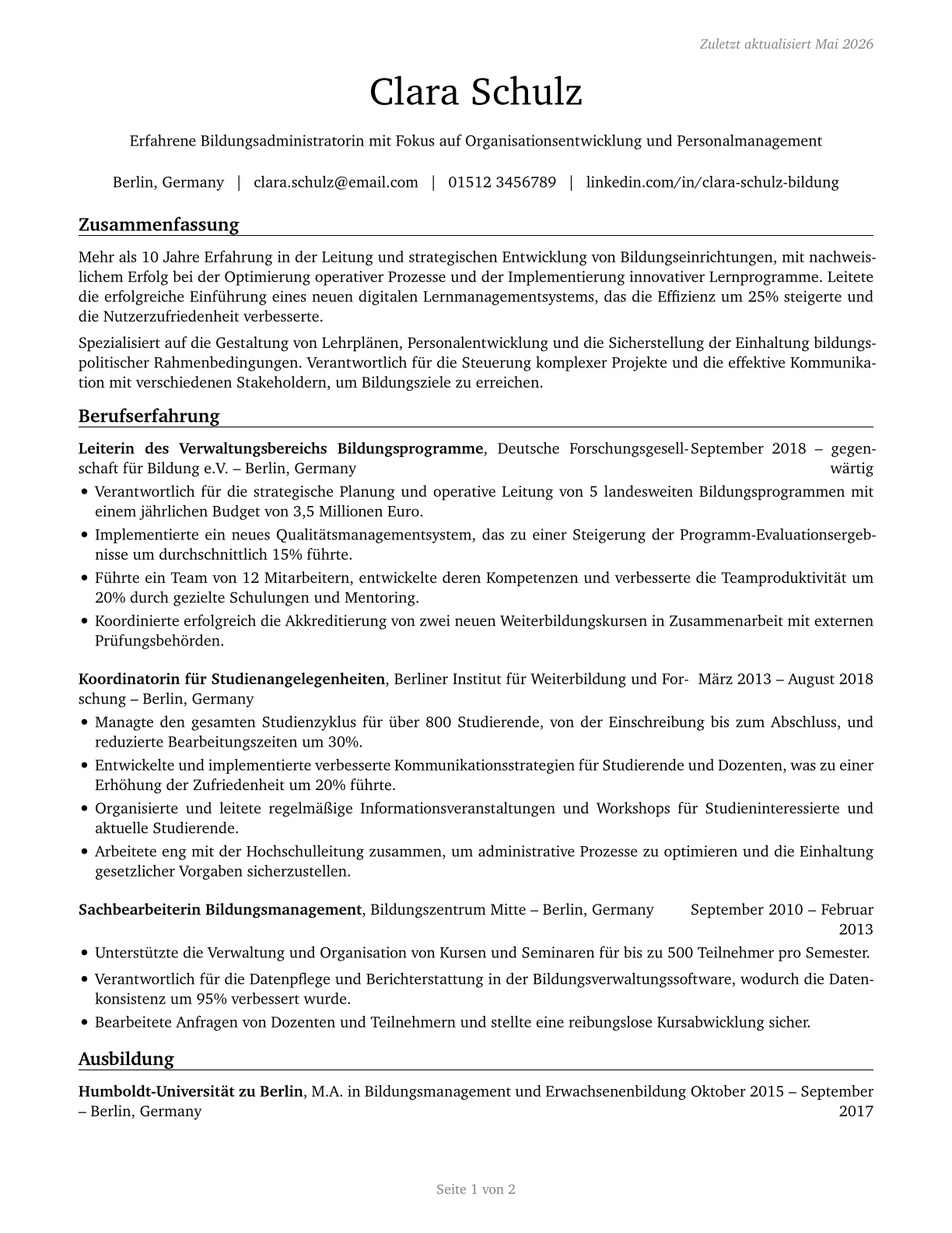 Education Administrators, All Other CV in German — page 1