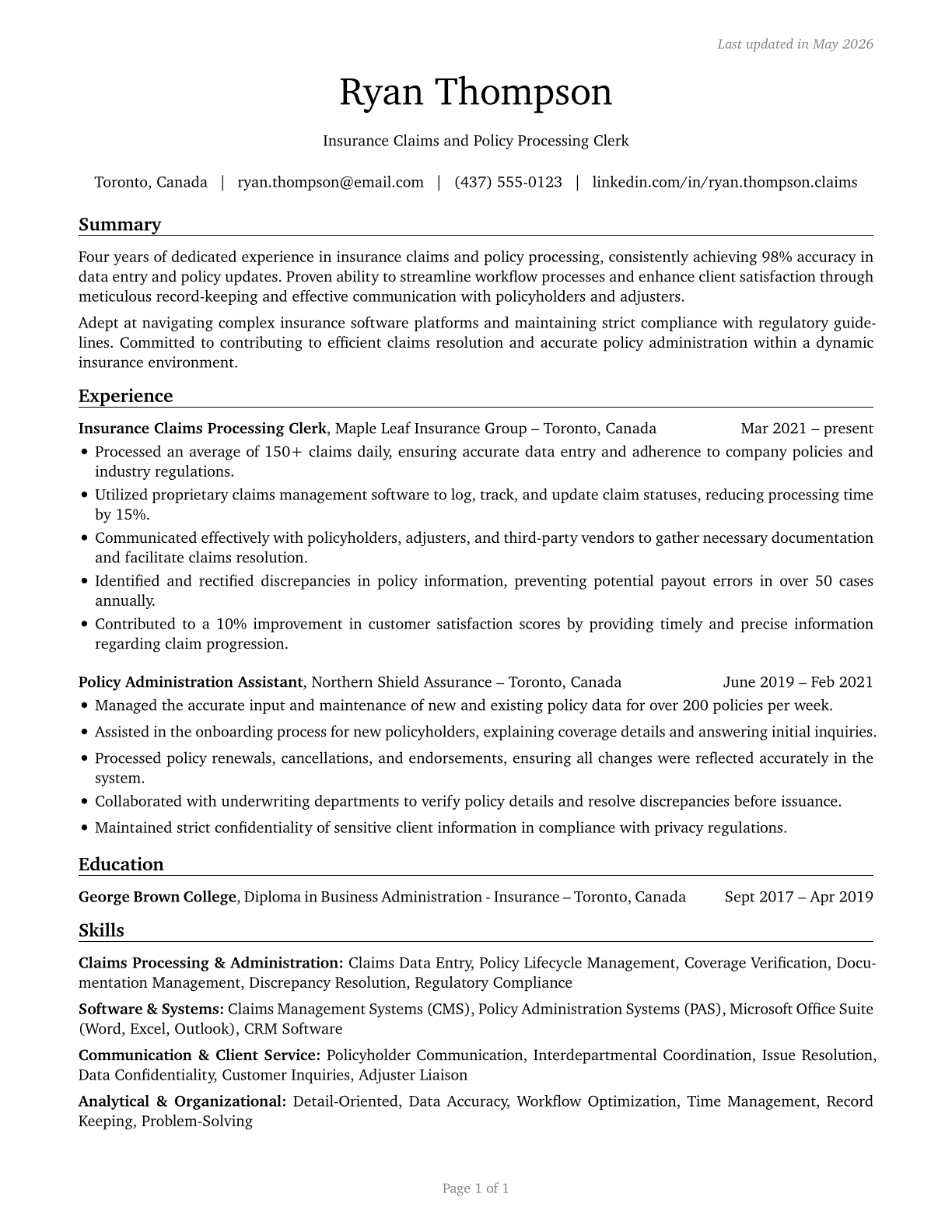 Insurance Claims and Policy Processing Clerks CV in English — page 1