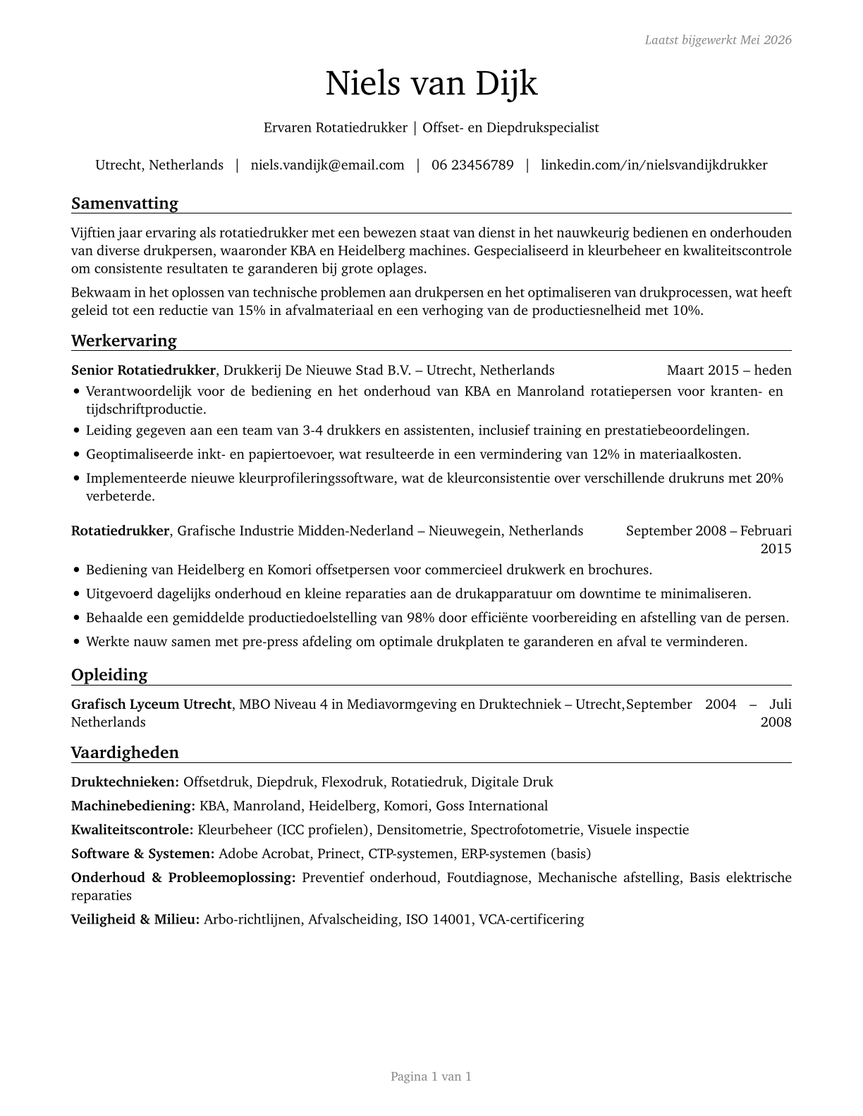 Printing Press Operators CV in Dutch — page 1