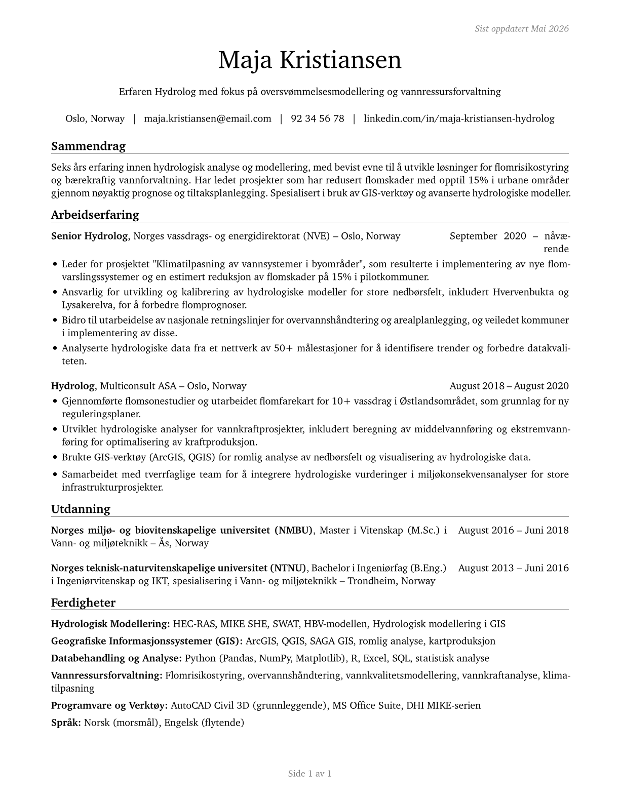 Hydrologists CV in Norwegian_bokmal — page 1
