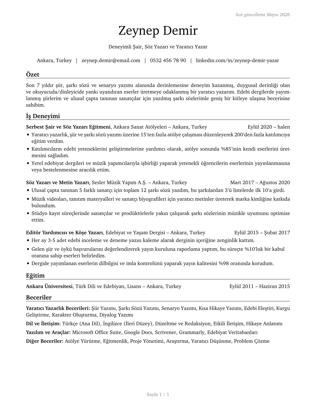 Poets, Lyricists and Creative Writers CV in Turkish — page 1