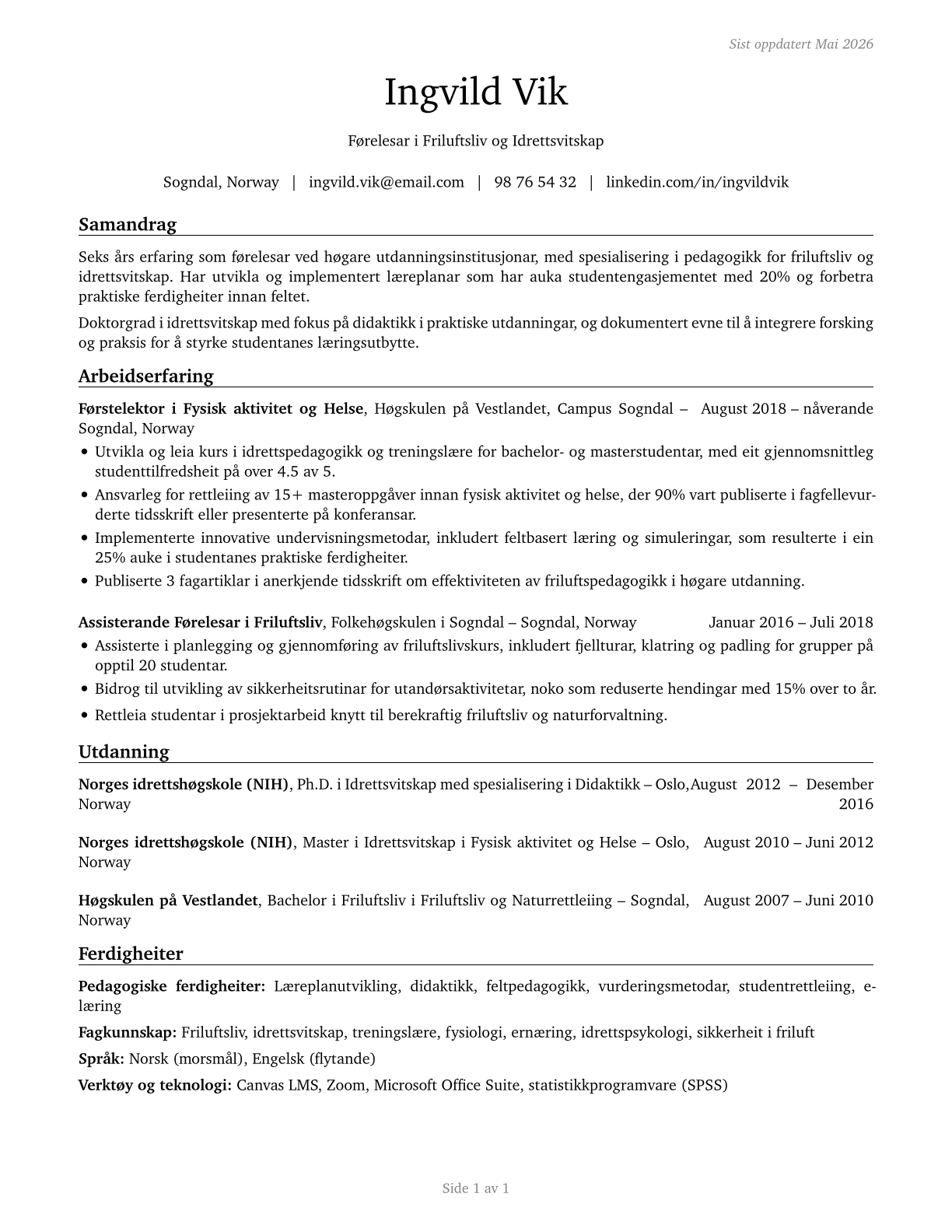 Recreation and Fitness Studies Teachers, Postsecondary CV in Norwegian_nynorsk — page 1