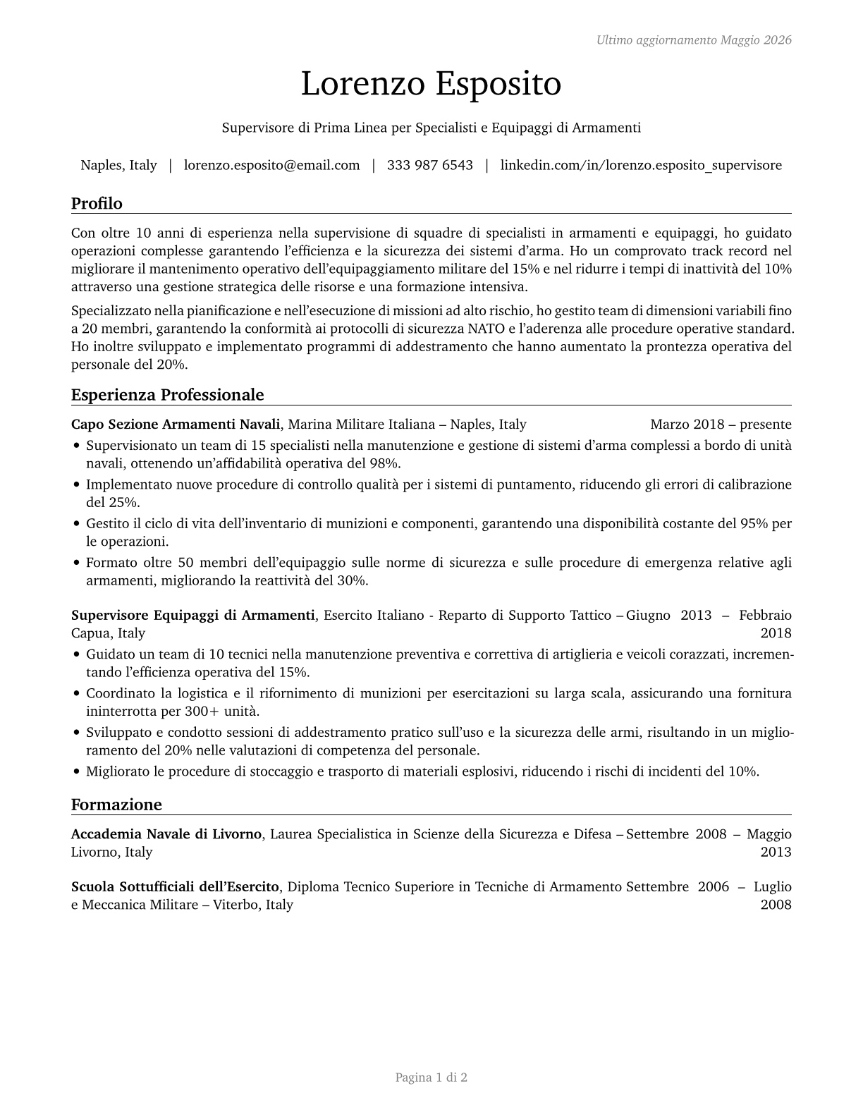 First-Line Supervisors of Weapons Specialists/Crew Members CV in Italian — page 1