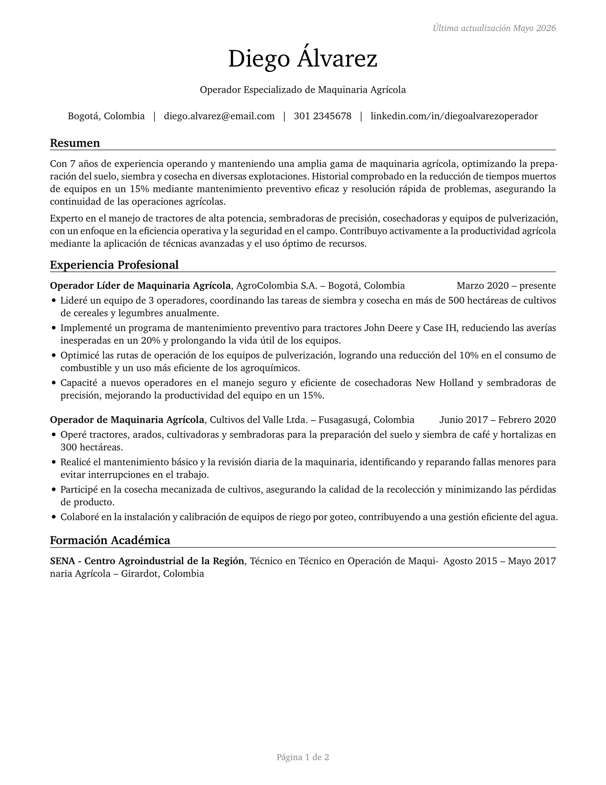 Agricultural Equipment Operators CV in Spanish — page 1
