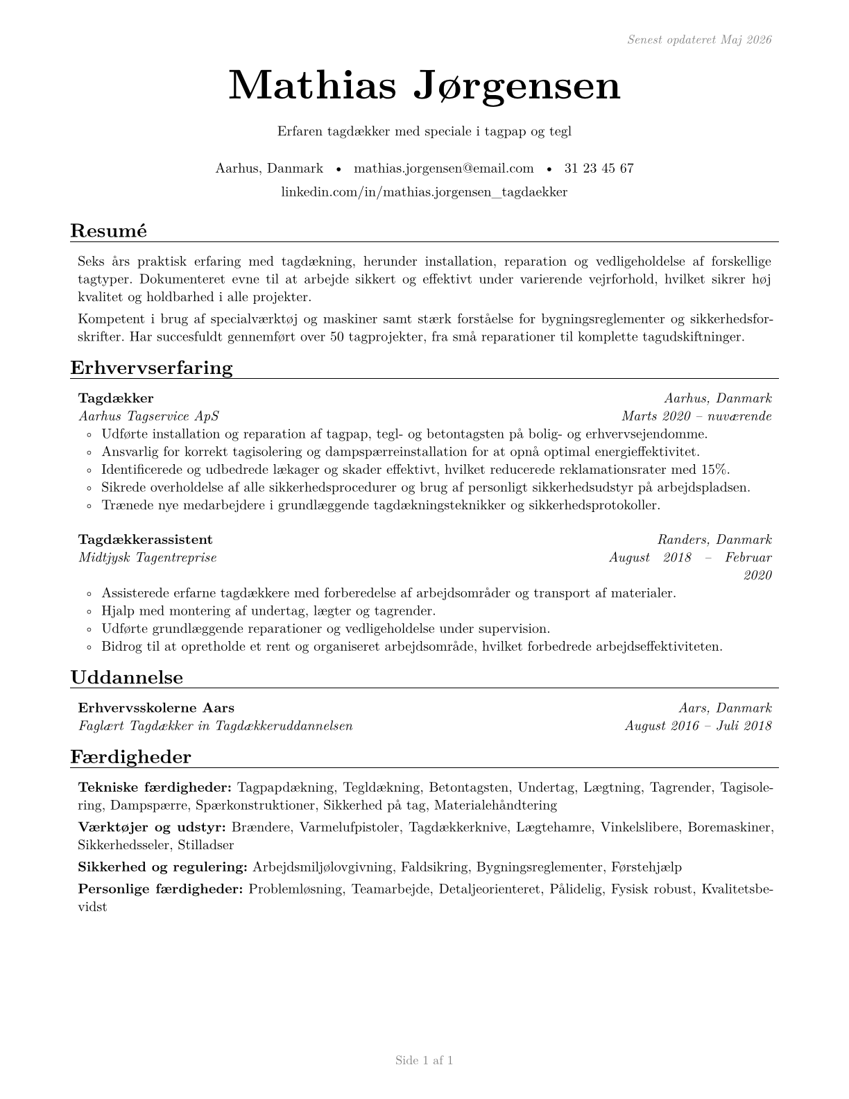Helpers--Roofers CV in Danish — page 1