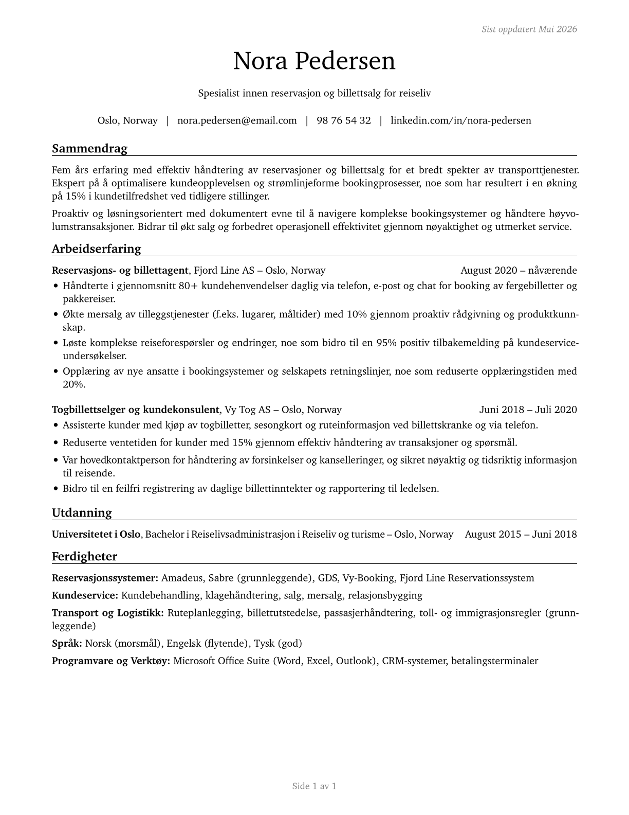 Reservation and Transportation Ticket Agents and Travel Clerks CV in Norwegian_bokmal — page 1