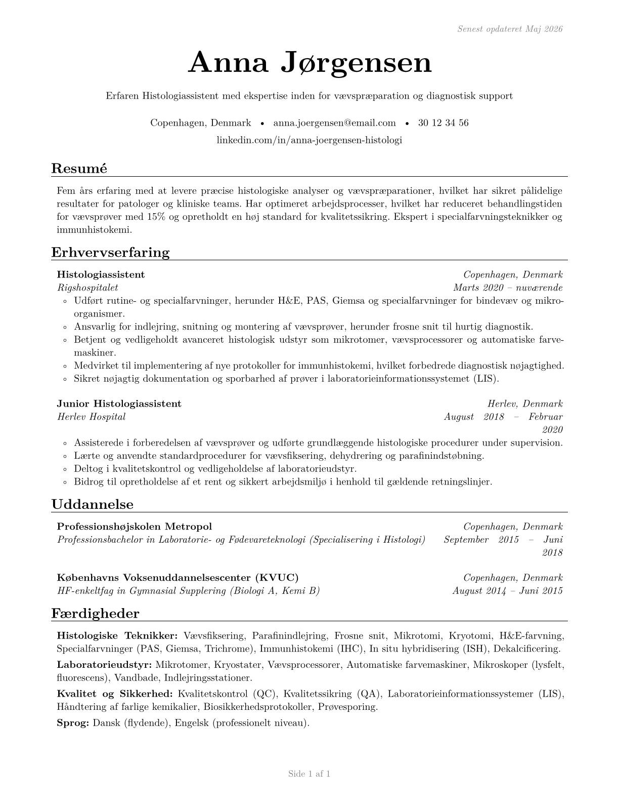 Histology Technicians CV in Danish — page 1