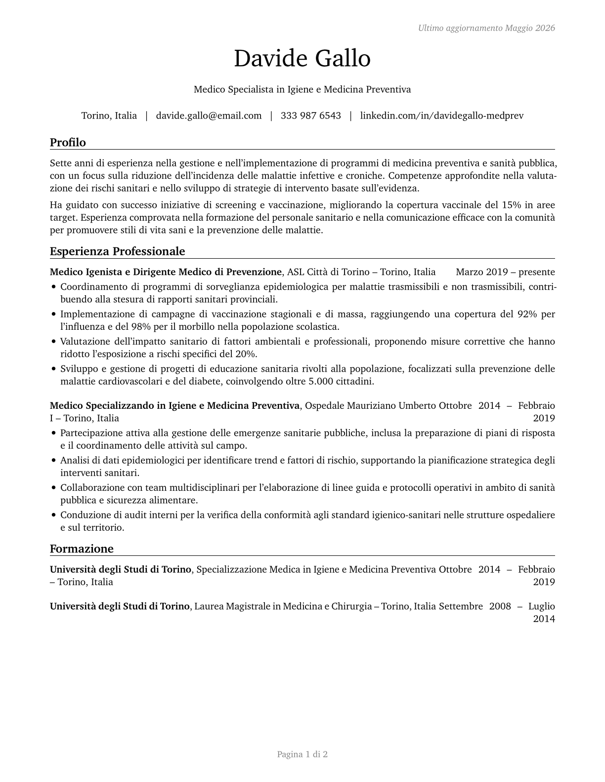 Preventive Medicine Physicians CV in Italian — page 1