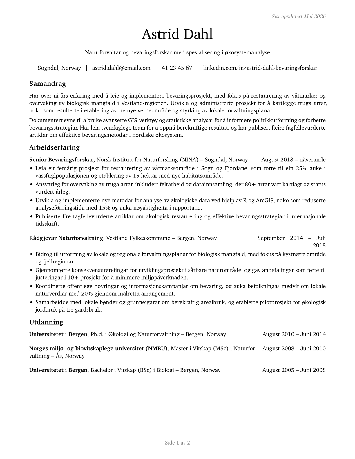 Conservation Scientists CV in Norwegian_nynorsk — page 1