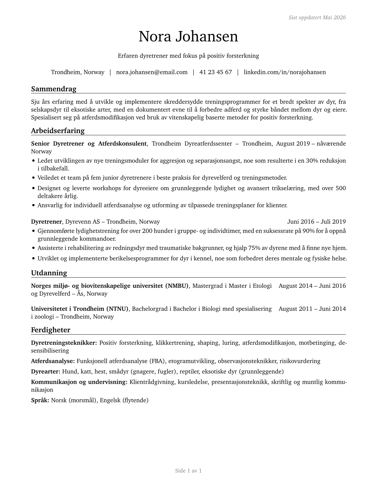 Animal Trainers CV in Norwegian_bokmal — page 1