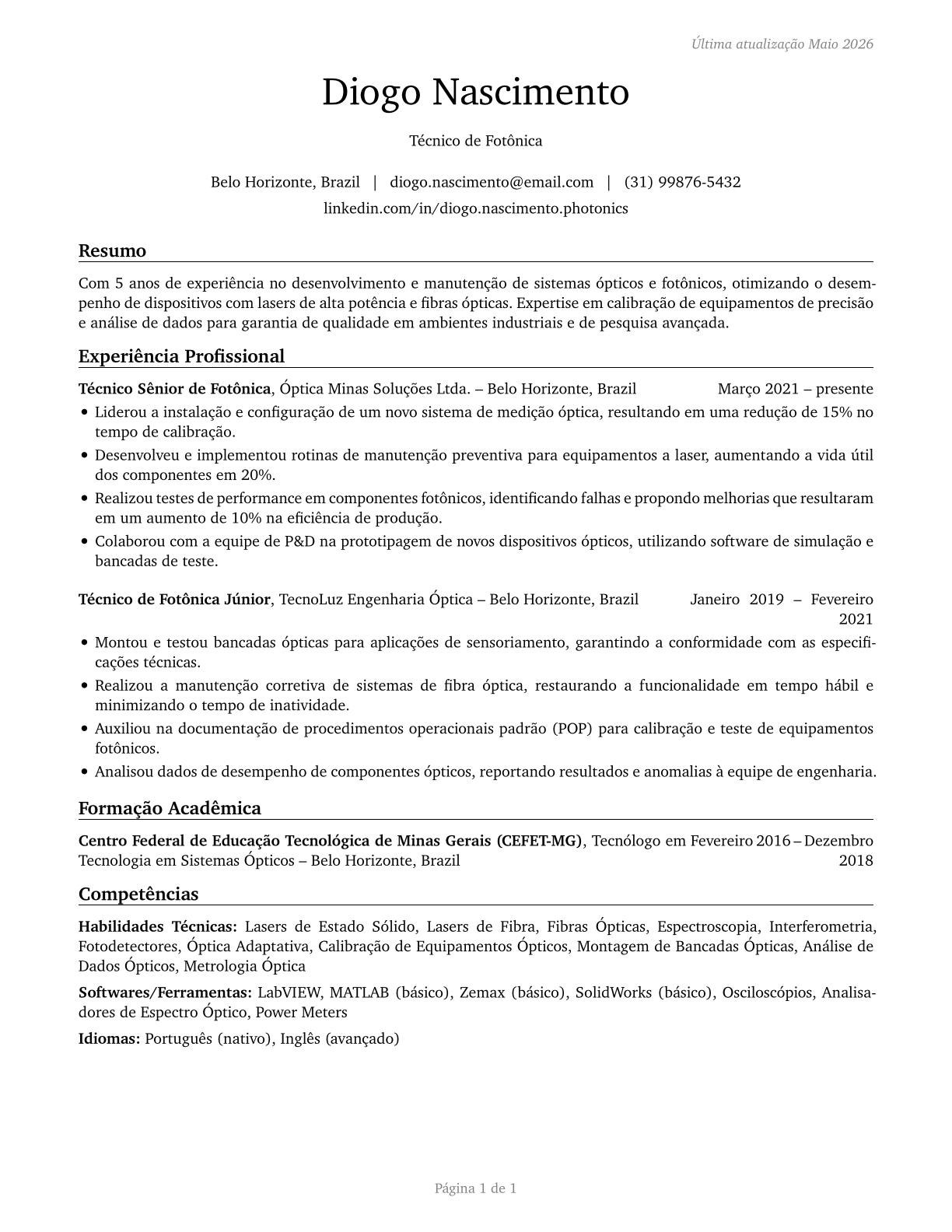 Photonics Technicians CV in Portuguese — page 1