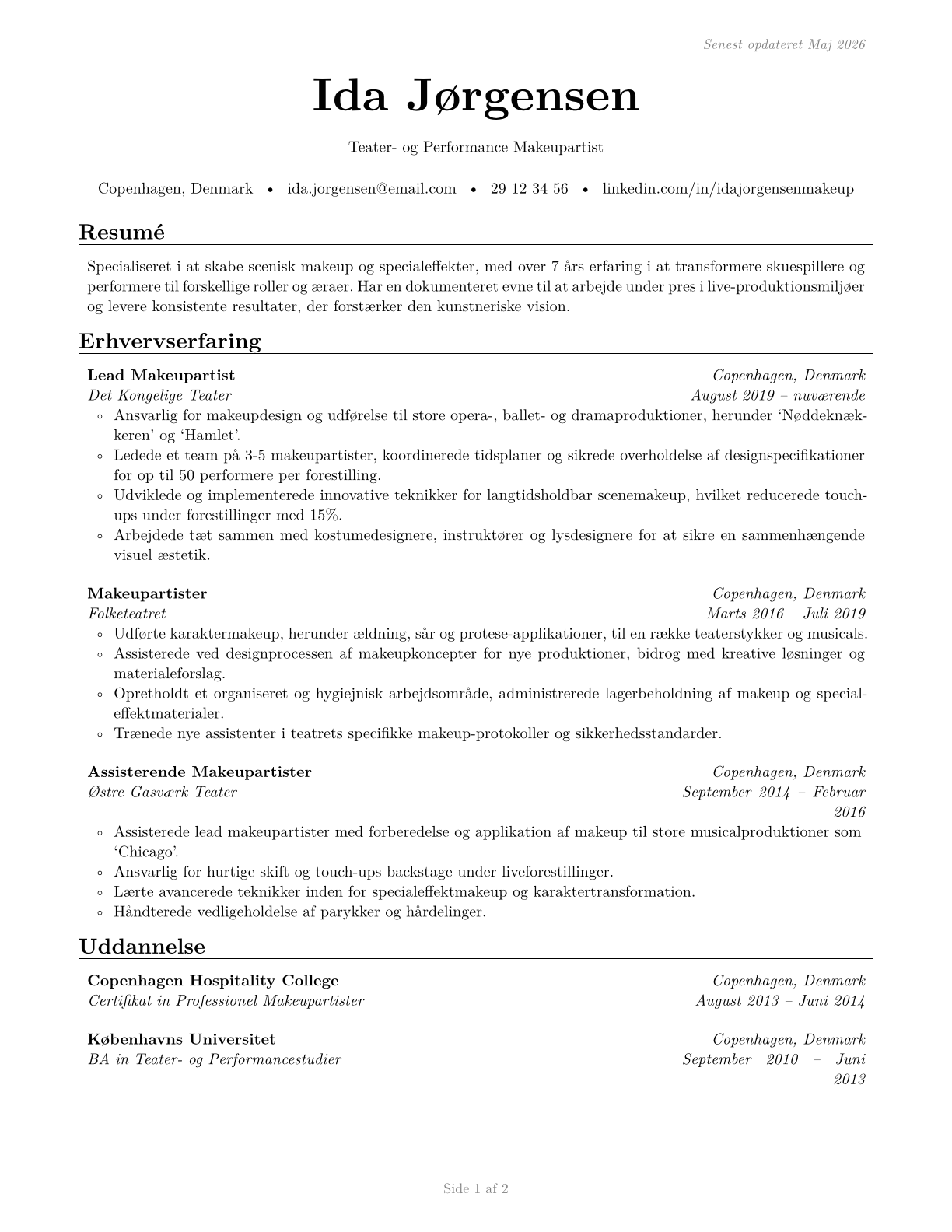 Makeup Artists, Theatrical and Performance CV in Danish — page 1