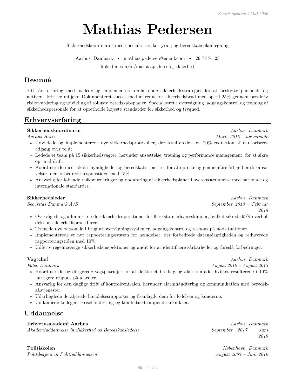 Protective Service Workers, All Other CV in Danish — page 1