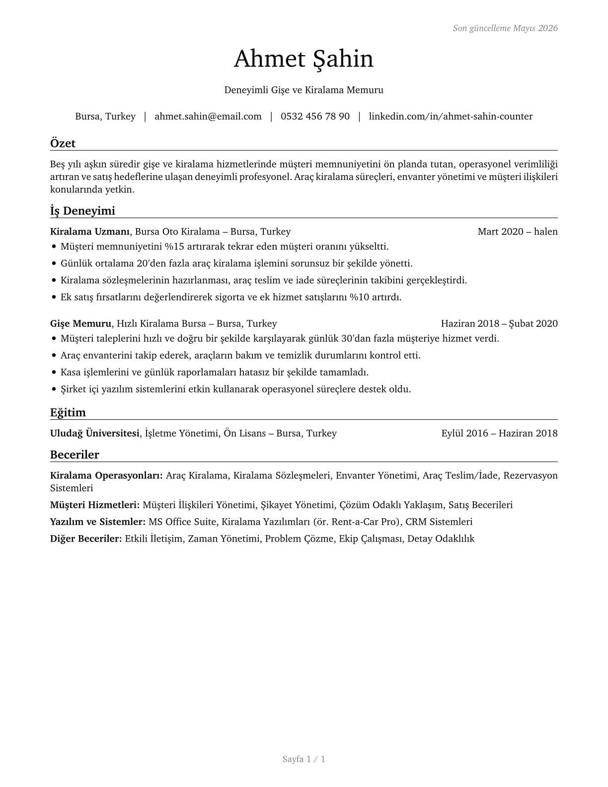 Counter and Rental Clerks CV in Turkish — page 1