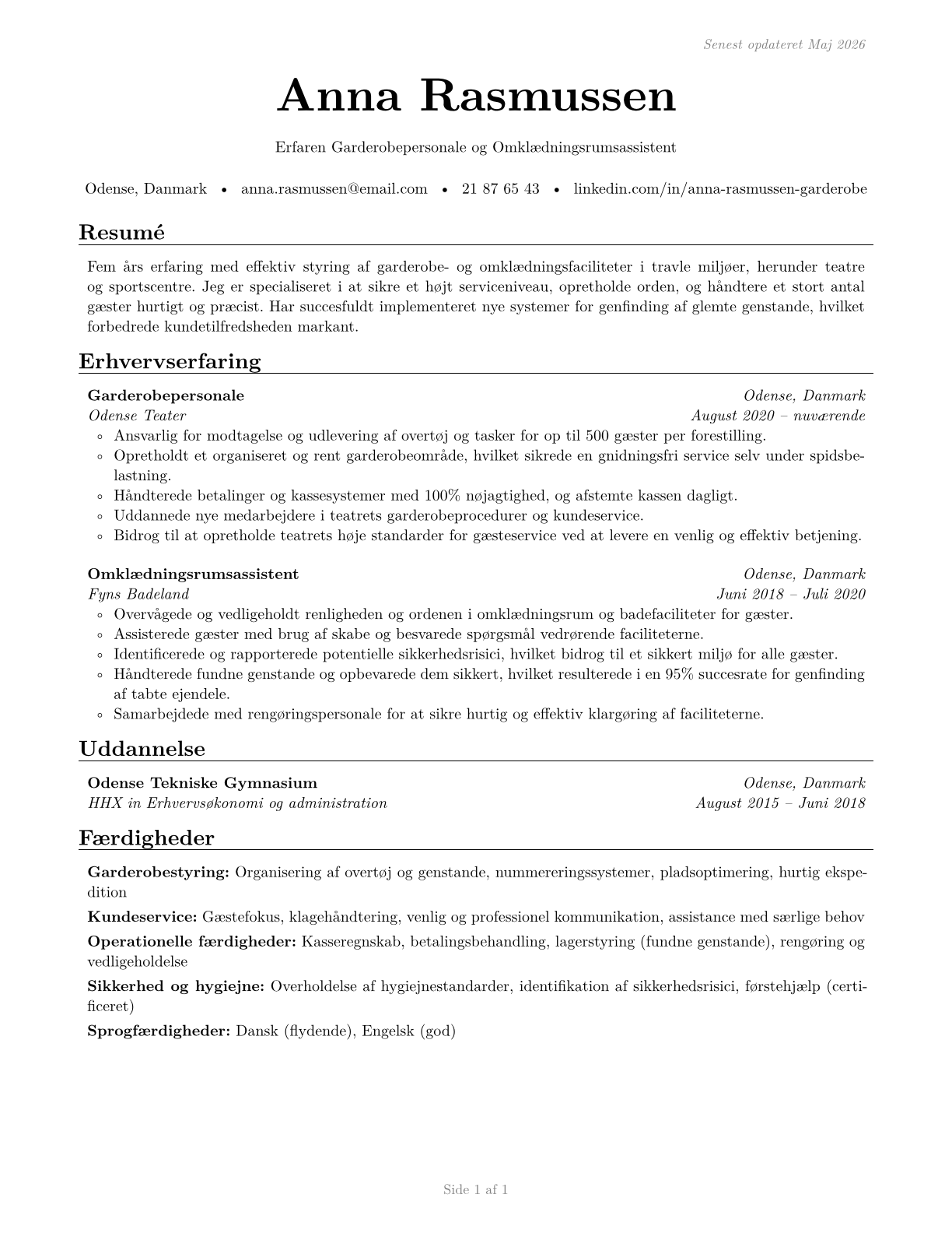 Locker Room, Coatroom, and Dressing Room Attendants CV in Danish — page 1
