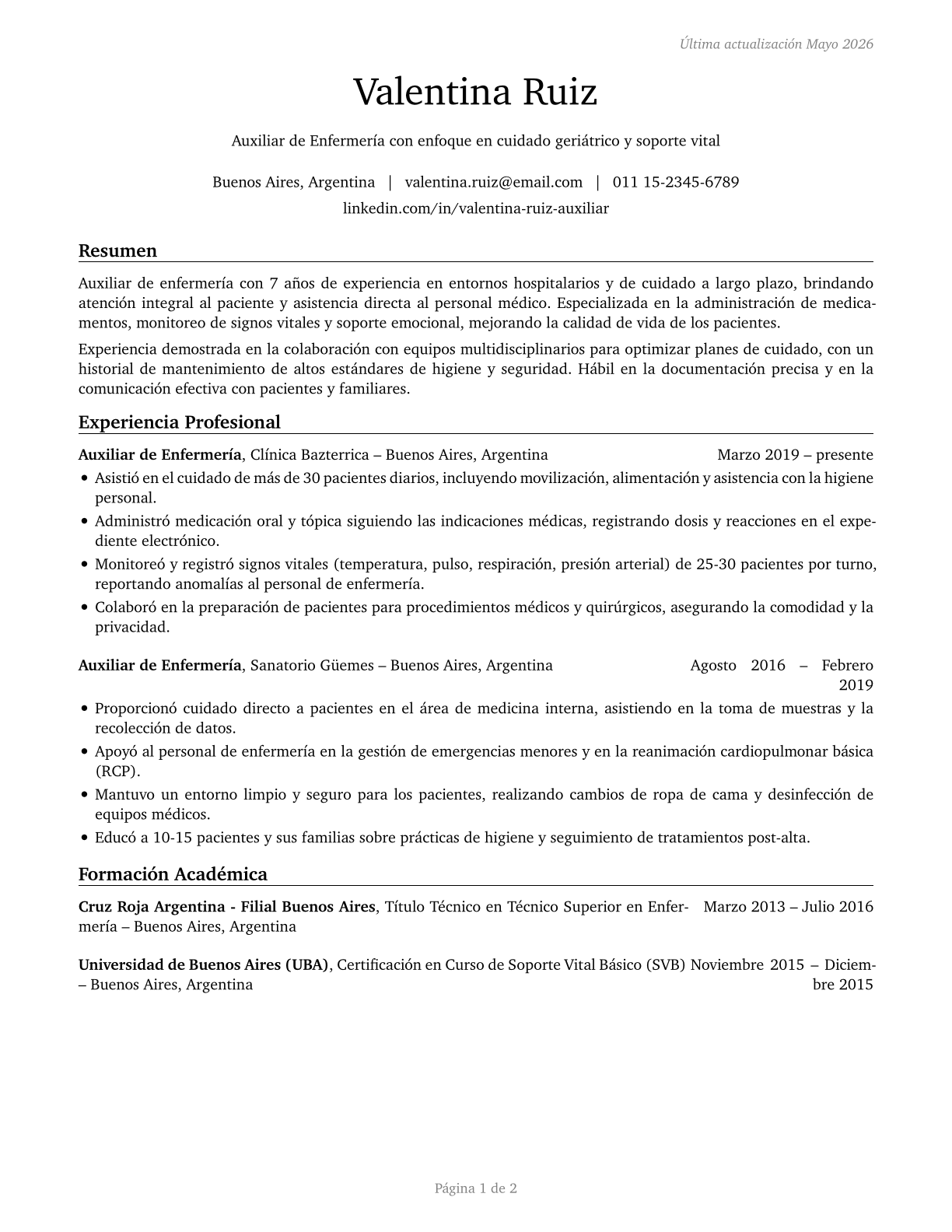 Nursing Assistants CV in Spanish — page 1