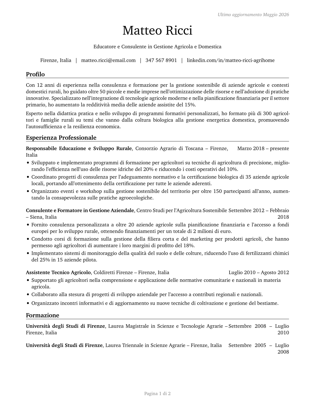 Farm and Home Management Educators CV in Italian — page 1