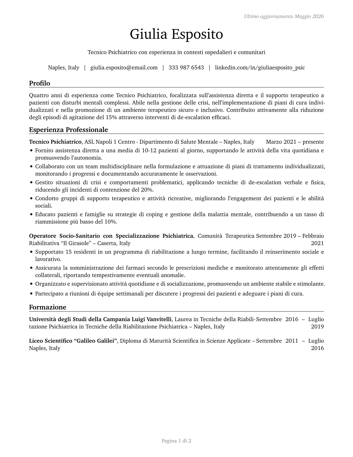 Psychiatric Technicians CV in Italian — page 1
