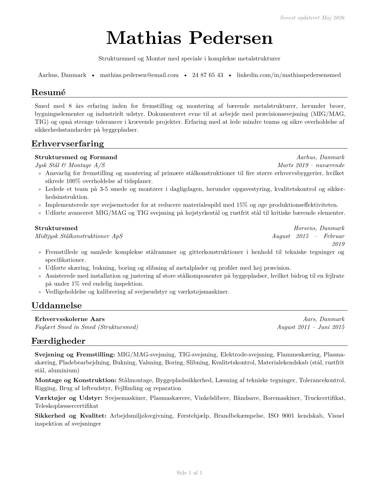Structural Metal Fabricators and Fitters CV in Danish — page 1