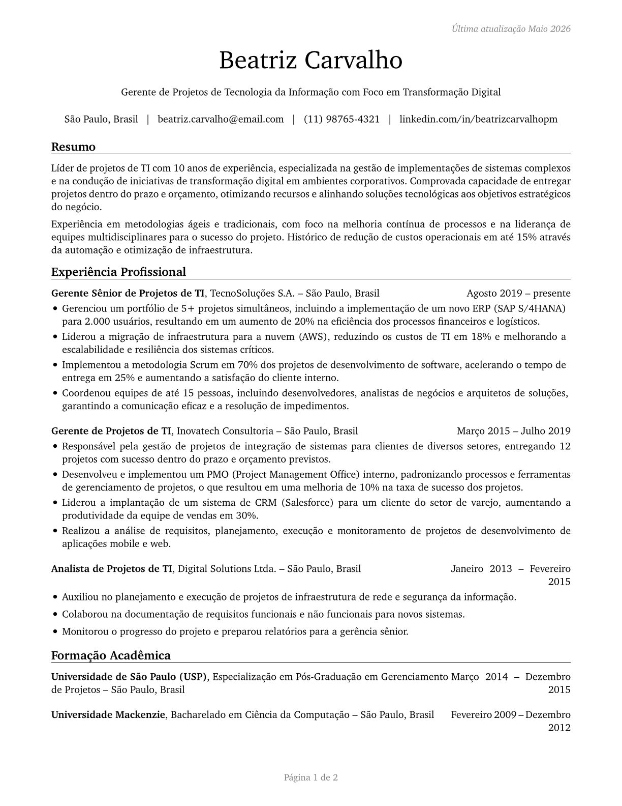 Information Technology Project Managers CV in Portuguese — page 1