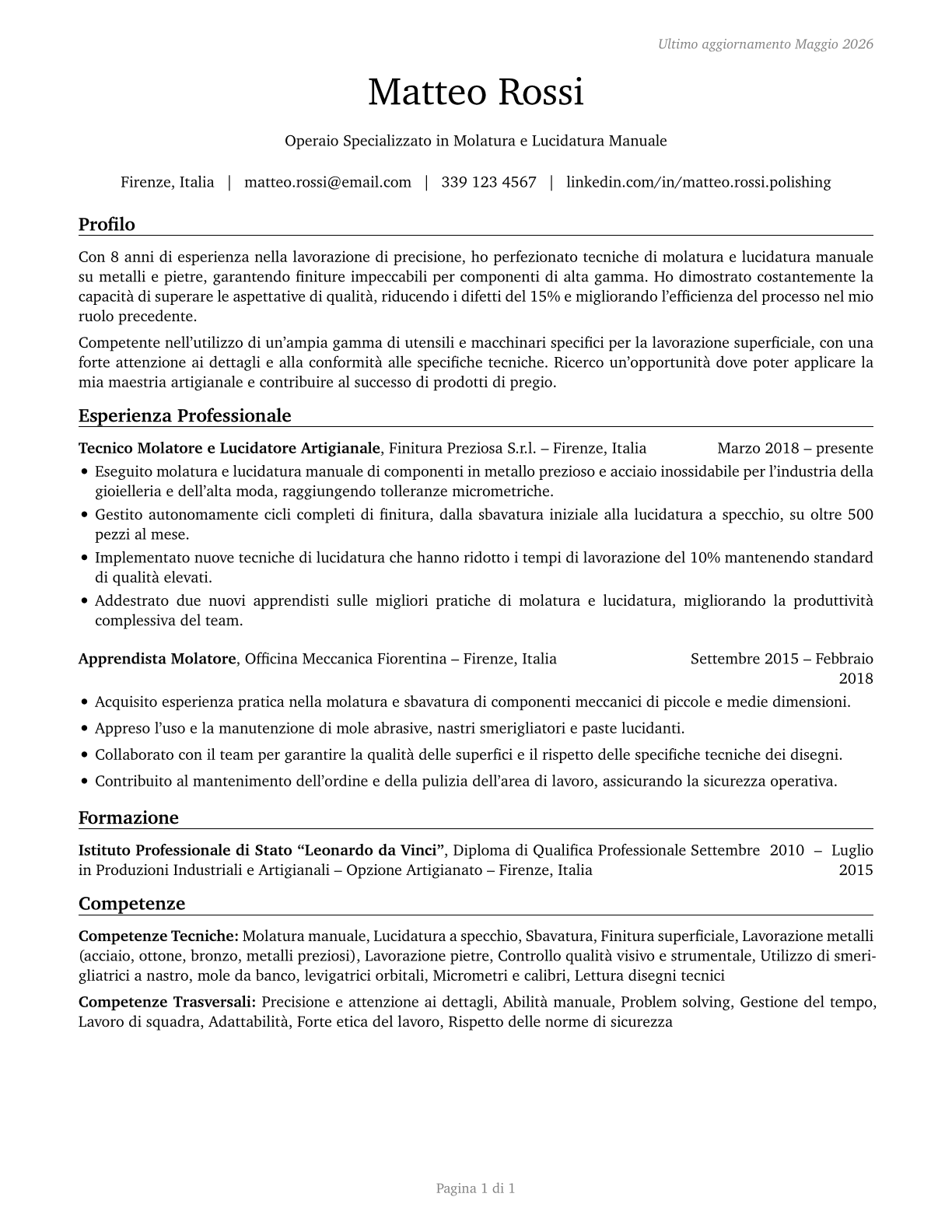 Grinding and Polishing Workers, Hand CV in Italian — page 1