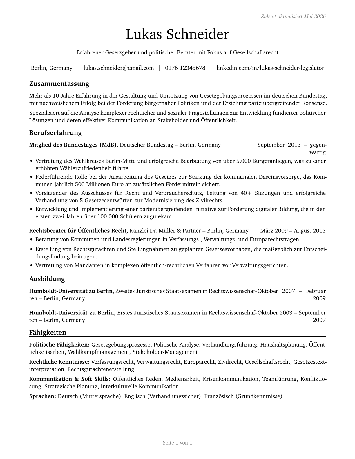 Legislators CV in German — page 1
