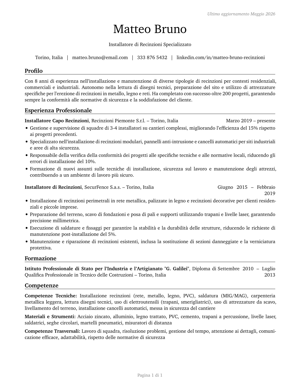 Fence Erectors CV in Italian — page 1
