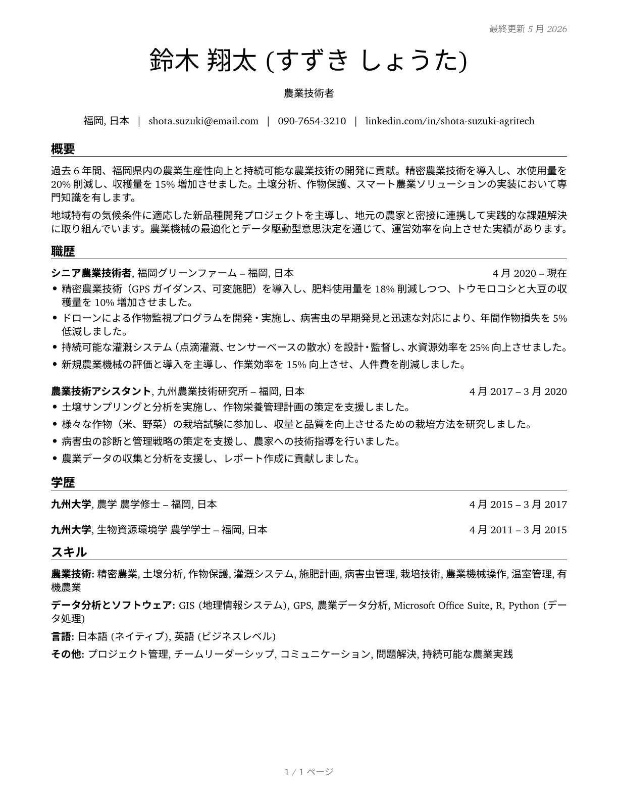 Agricultural Technicians CV in Japanese — page 1