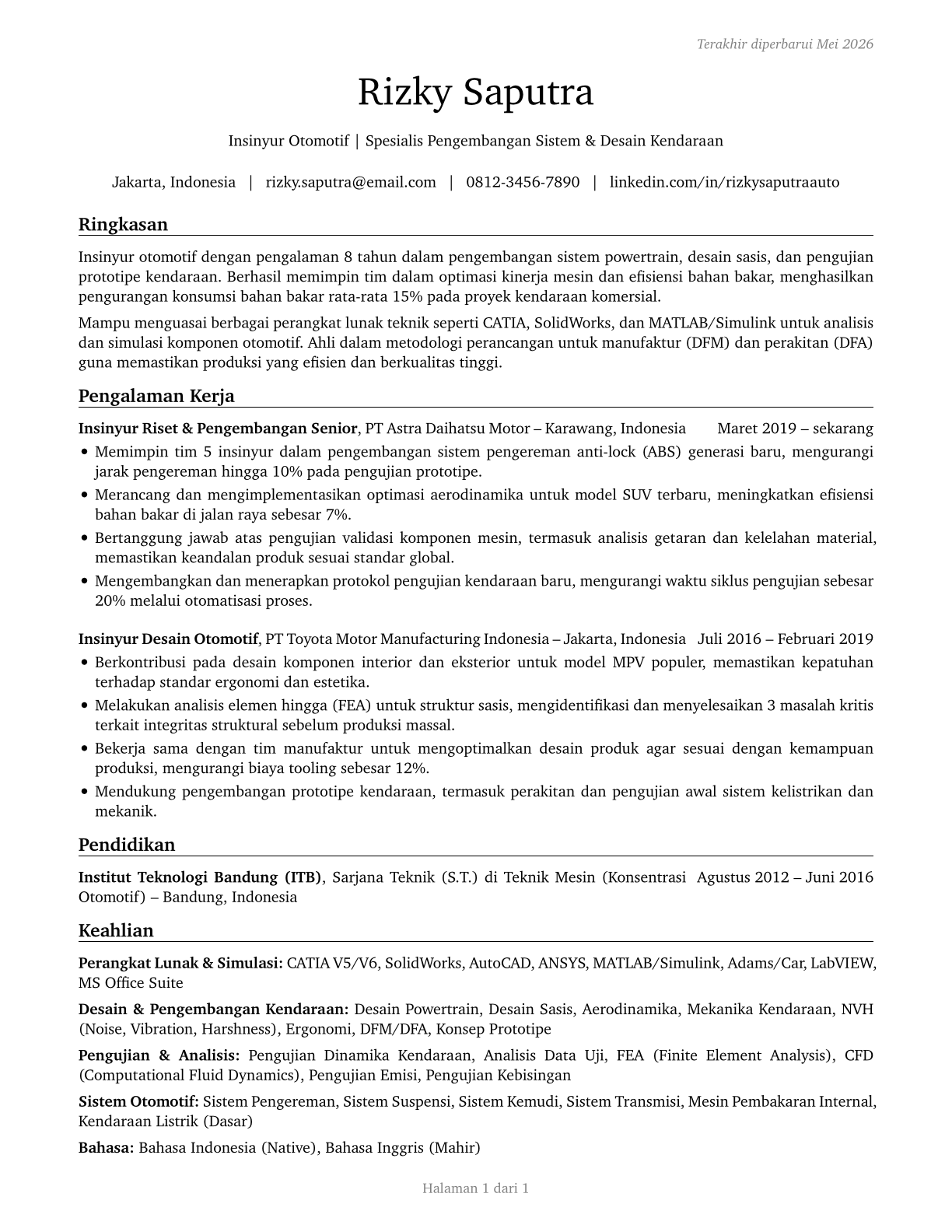 Automotive Engineers CV in Indonesian — page 1