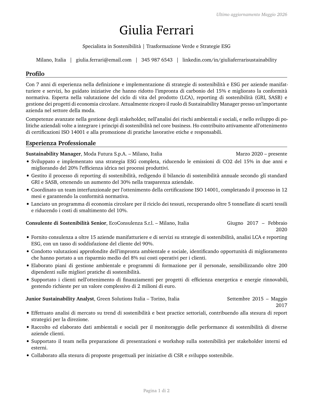 Sustainability Specialists CV in Italian — page 1
