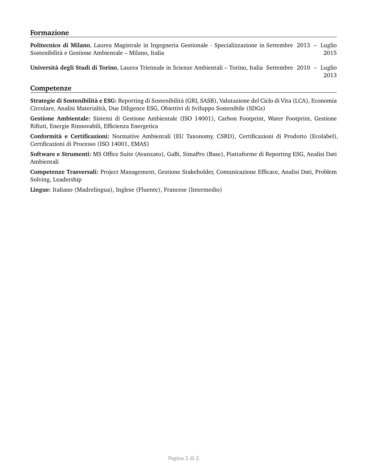 Sustainability Specialists CV in Italian — page 2