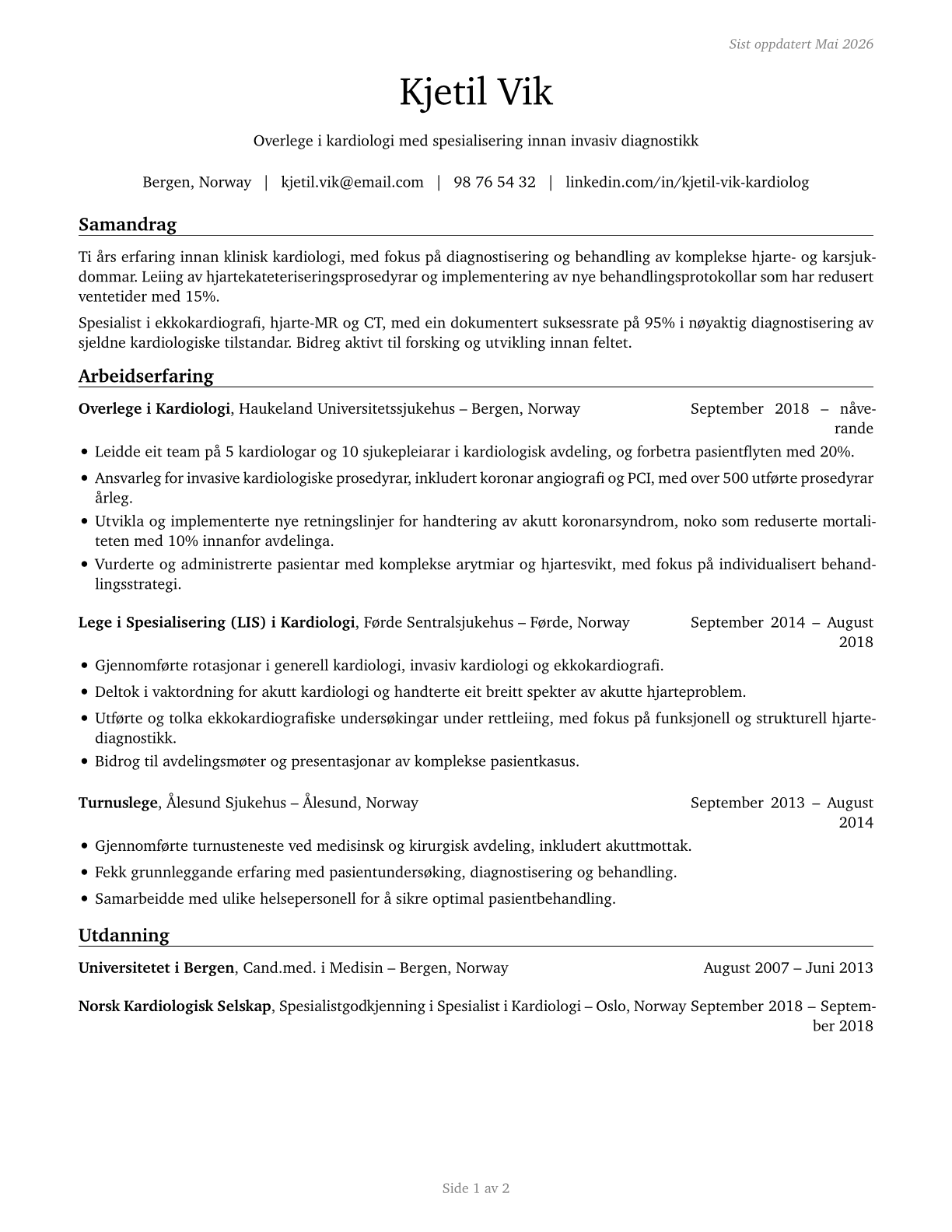 Cardiologists CV in Norwegian_nynorsk — page 1