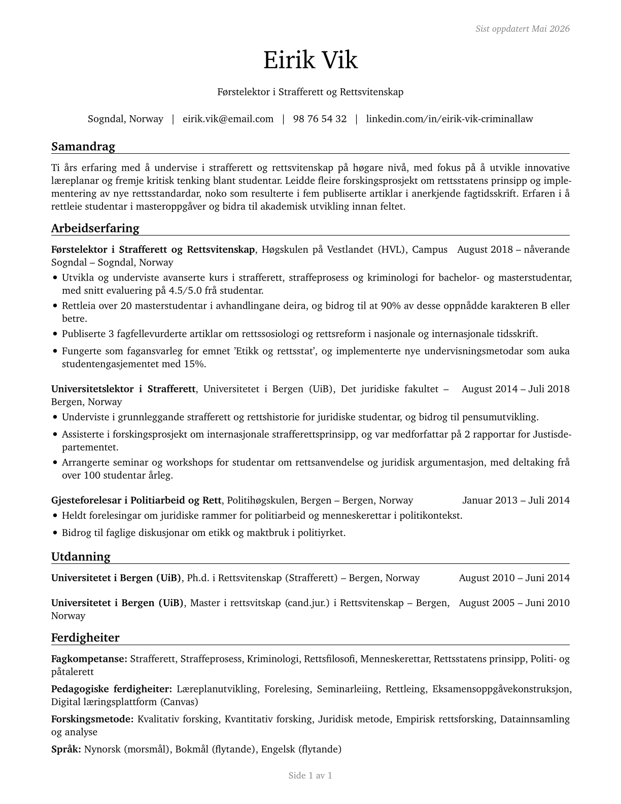 Criminal Justice and Law Enforcement Teachers, Postsecondary CV in Norwegian_nynorsk — page 1