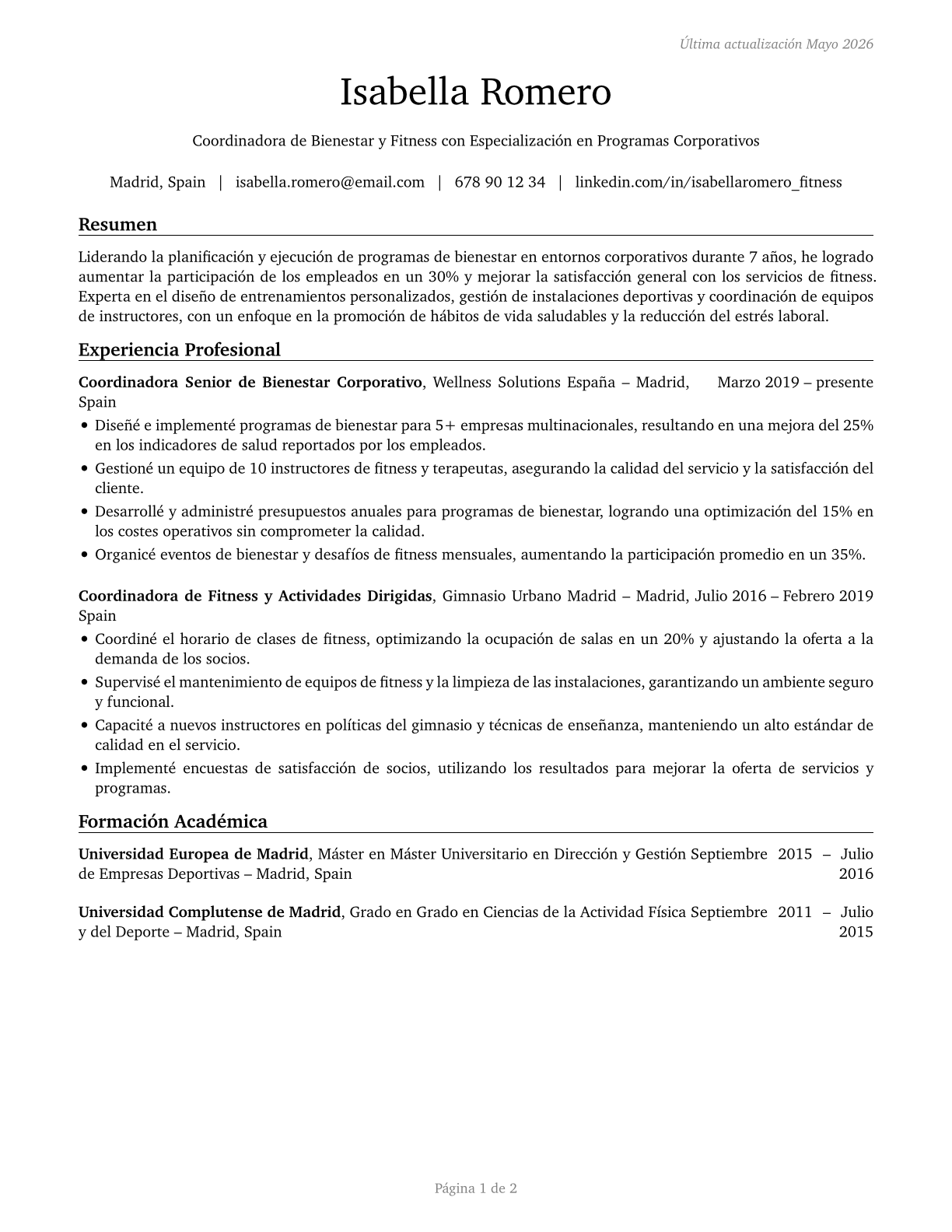 Fitness and Wellness Coordinators CV in Spanish — page 1