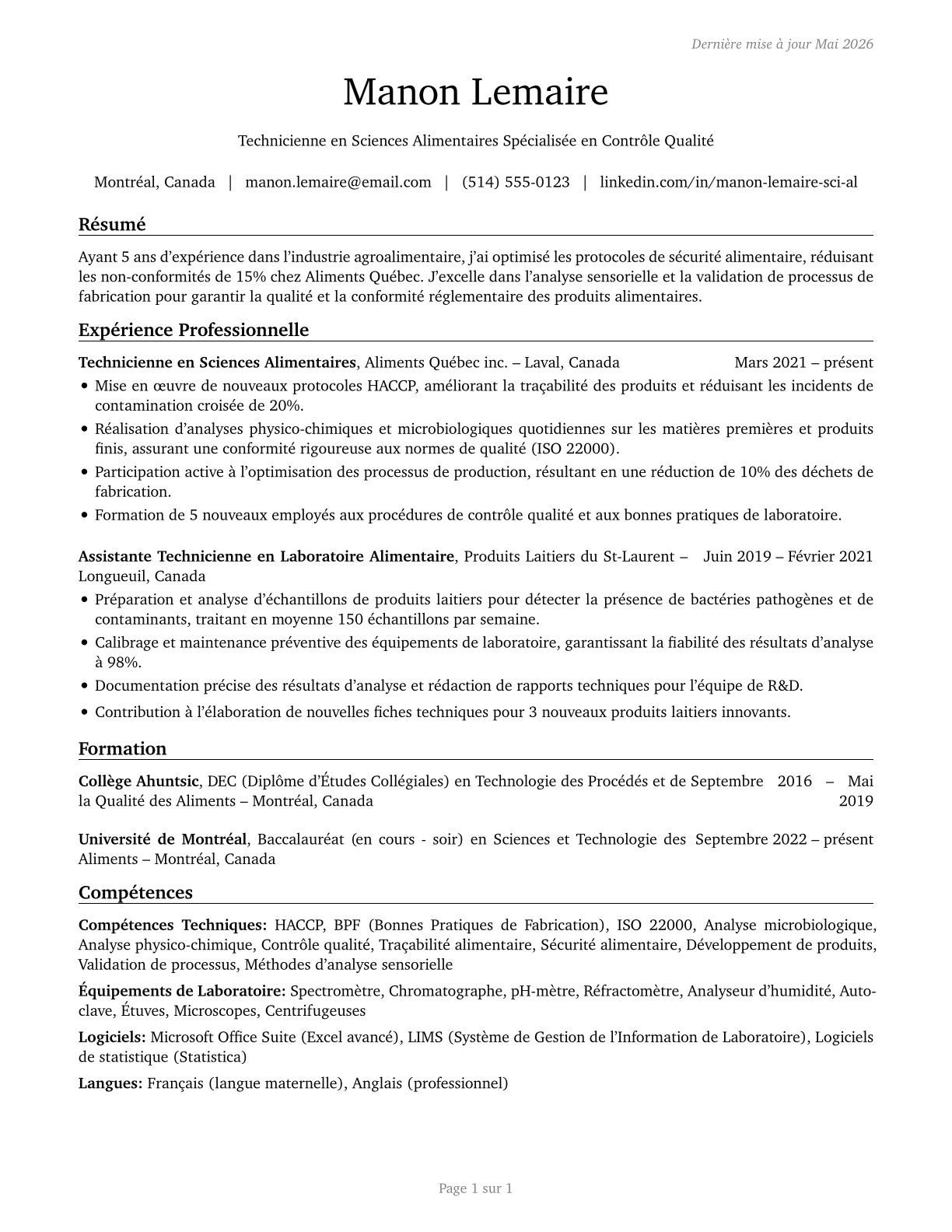 Food Science Technicians CV in French — page 1