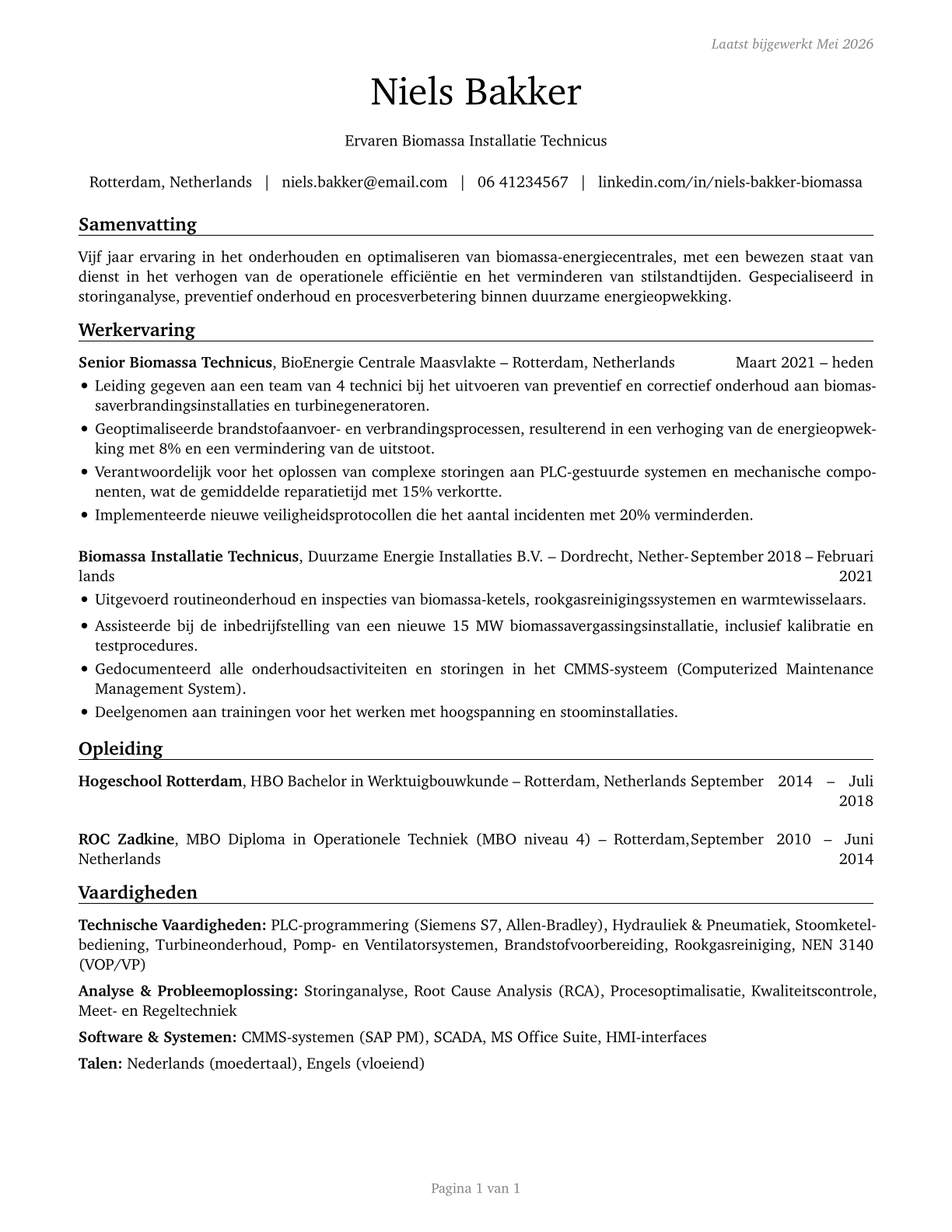 Biomass Plant Technicians CV in Dutch — page 1